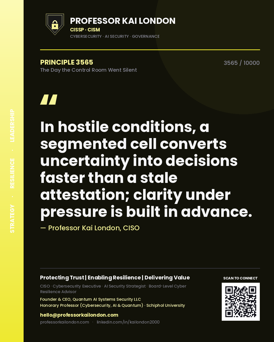 Professor Kai London principle 3565: In hostile conditions, a segmented cell converts uncertainty into decisions faster than a stale attestation; clarity under pressure is built in advance.