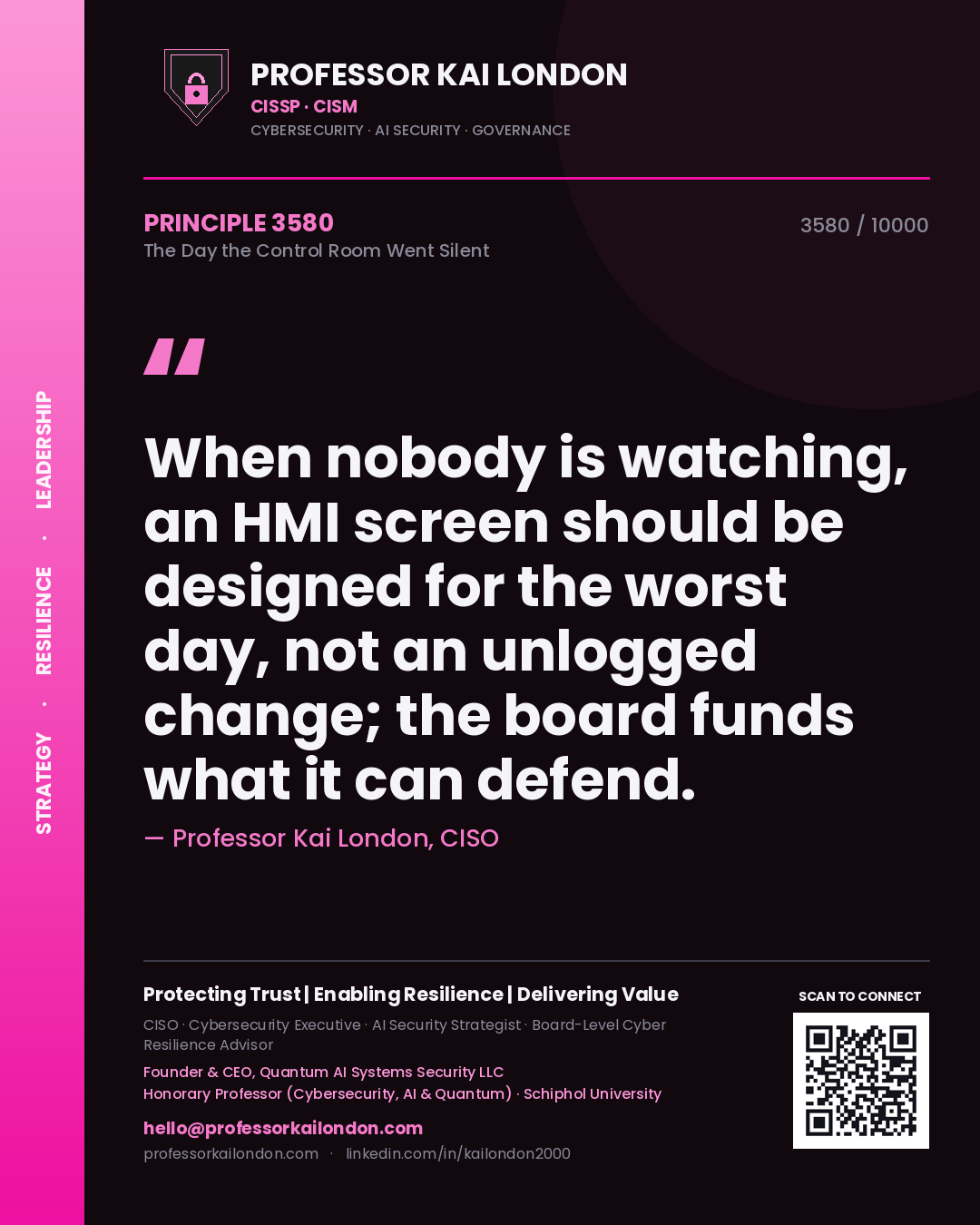 Quote card by Professor Kai London reading 'When nobody is watching, an HMI screen should be designed for the worst day, not an unlogged change; the board funds what it can defend.'. From the book The Day the Control Room Went Silent.