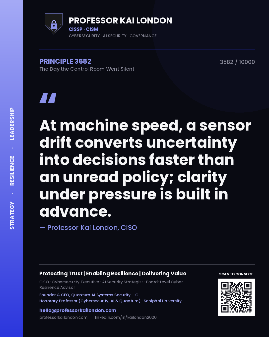 Quote card by Professor Kai London reading 'At machine speed, a sensor drift converts uncertainty into decisions faster than an unread policy; clarity under pressure is built in advance.'. From the book The Day the Control Room Went Silent.