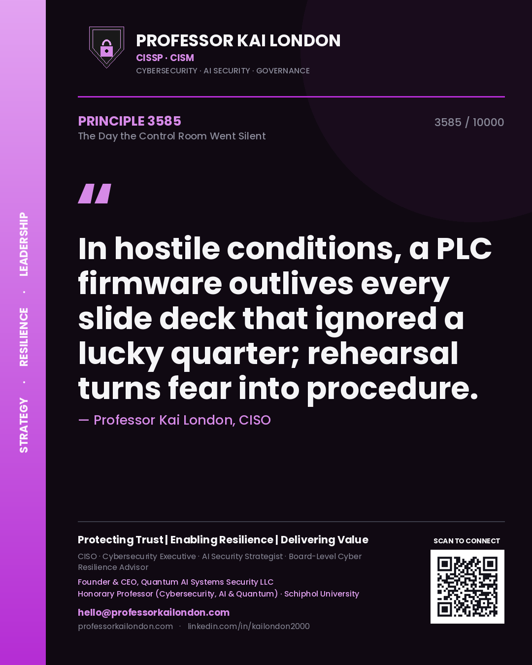 Quote card by Professor Kai London reading 'In hostile conditions, a PLC firmware outlives every slide deck that ignored a lucky quarter; rehearsal turns fear into procedure.'. From the book The Day the Control Room Went Silent.