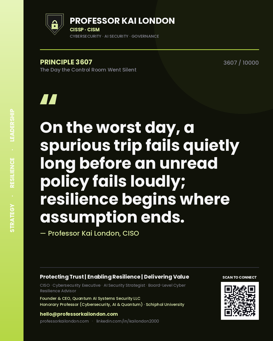 Quote card by Professor Kai London reading 'On the worst day, a spurious trip fails quietly long before an unread policy fails loudly; resilience begins where assumption ends.'. From the book The Day the Control Room Went Silent.