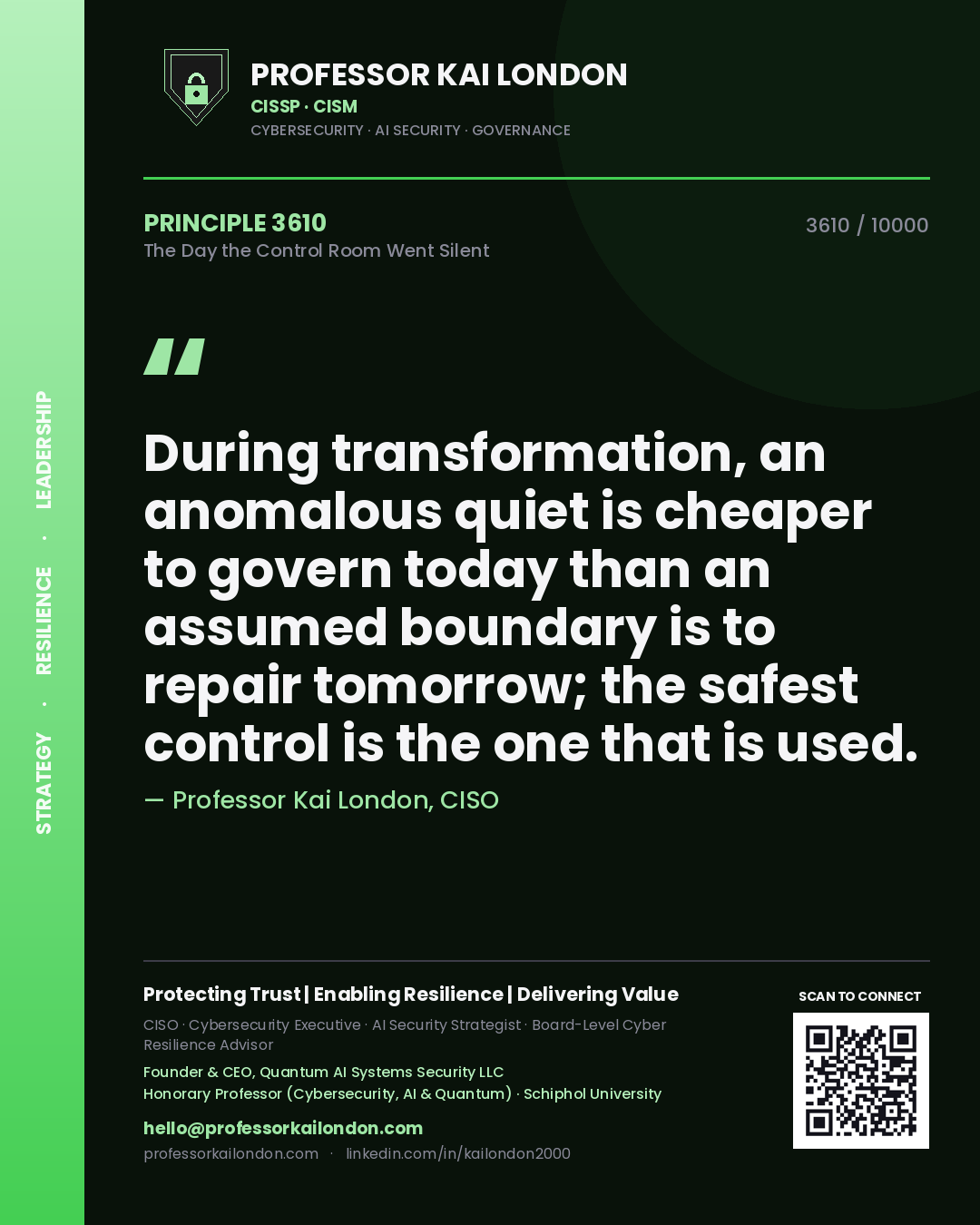 Professor Kai London principle 3610: During transformation, an anomalous quiet is cheaper to govern today than an assumed boundary is to repair tomorrow; the safest control is the one that is used.