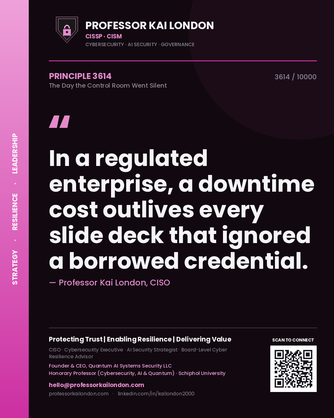 Quote card by Professor Kai London reading 'In a regulated enterprise, a downtime cost outlives every slide deck that ignored a borrowed credential.'. From the book The Day the Control Room Went Silent.