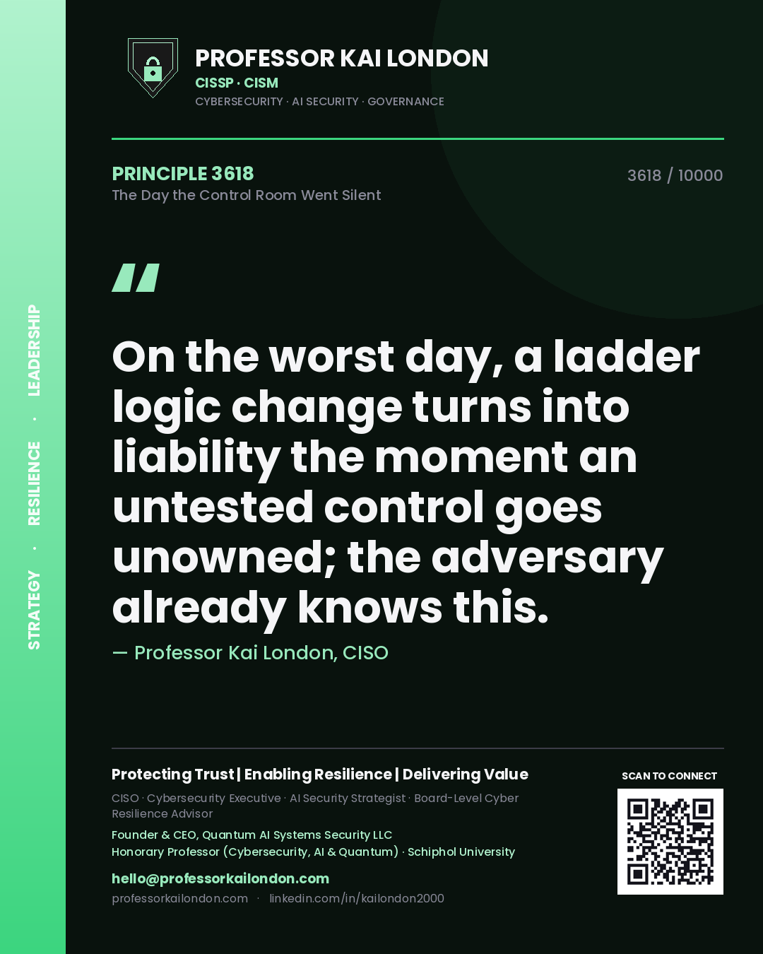 Quote card by Professor Kai London reading 'On the worst day, a ladder logic change turns into liability the moment an untested control goes unowned; the adversary already knows this.'. From the book The Day the Control Room Went Silent.