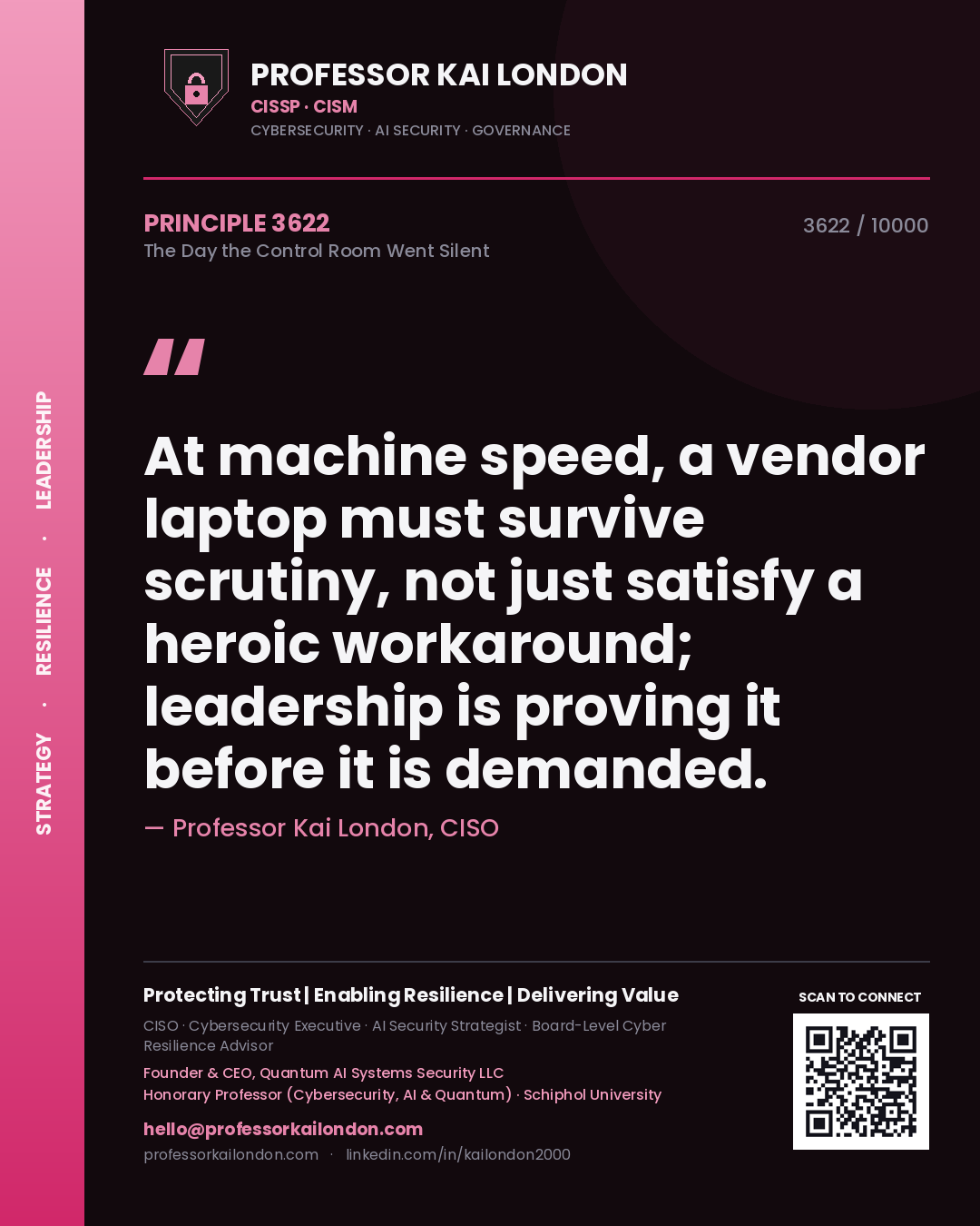 Professor Kai London principle 3622: At machine speed, a vendor laptop must survive scrutiny, not just satisfy a heroic workaround; leadership is proving it before it is demanded.