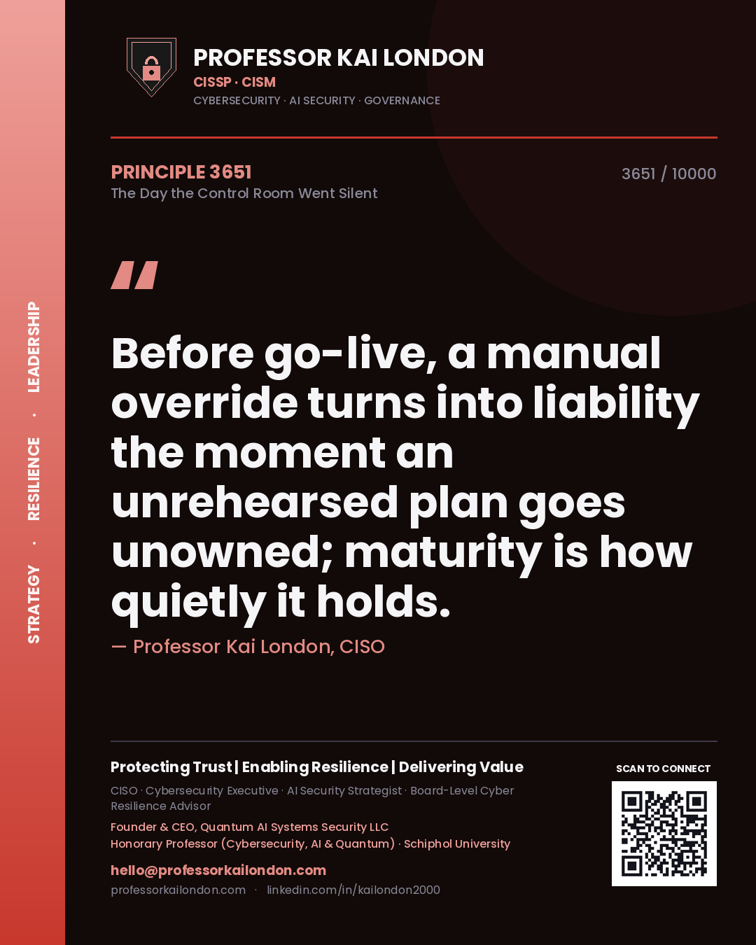 Professor Kai London principle 3651: Before go-live, a manual override turns into liability the moment an unrehearsed plan goes unowned; maturity is how quietly it holds.