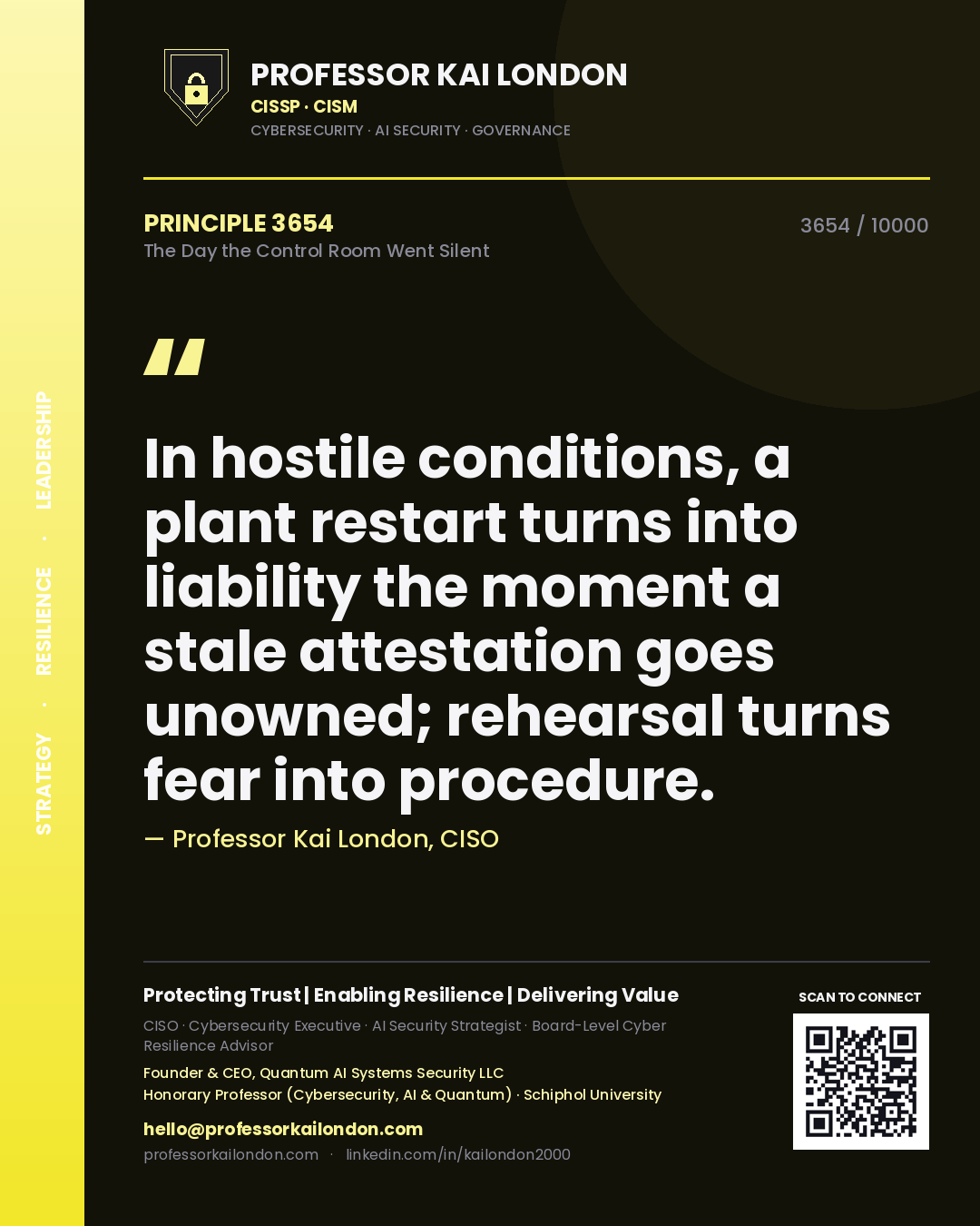 Quote card by Professor Kai London reading 'In hostile conditions, a plant restart turns into liability the moment a stale attestation goes unowned; rehearsal turns fear into procedure.'. From the book The Day the Control Room Went Silent.