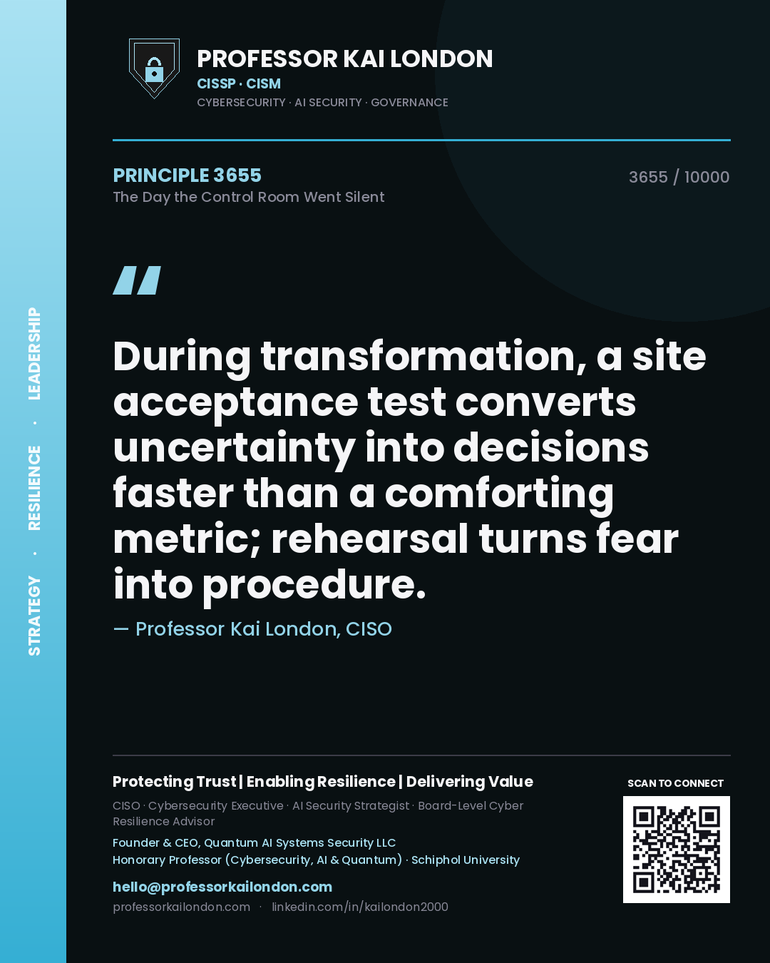 Professor Kai London principle 3655: During transformation, a site acceptance test converts uncertainty into decisions faster than a comforting metric; rehearsal turns fear into procedure.