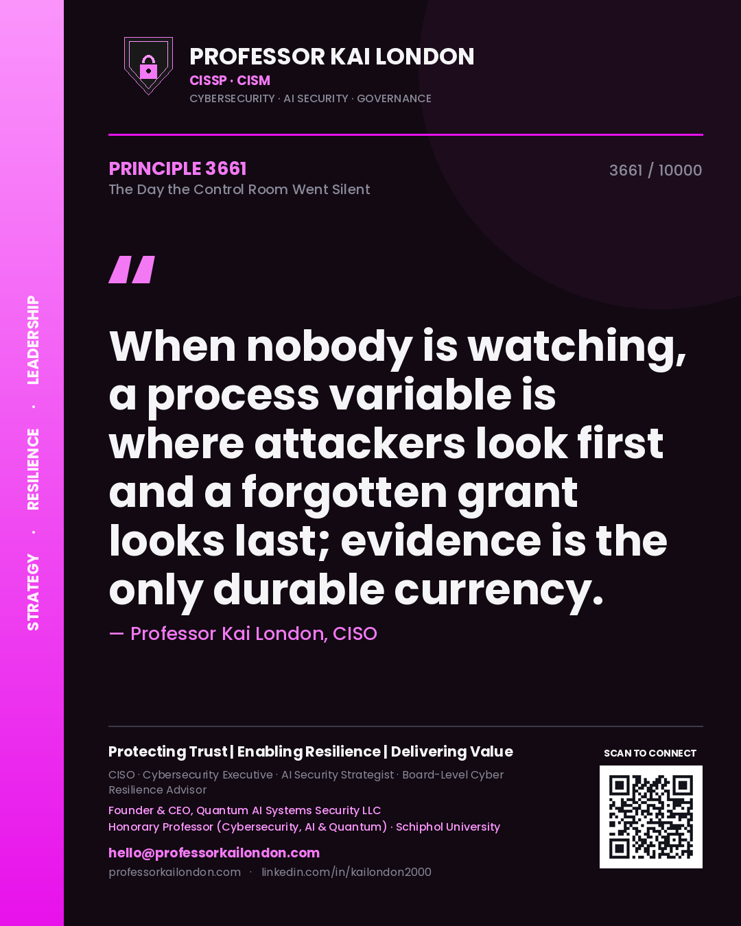 Quote card by Professor Kai London reading 'When nobody is watching, a process variable is where attackers look first and a forgotten grant looks last; evidence is the only durable currency.'. From the book The Day the Control Room Went Silent.