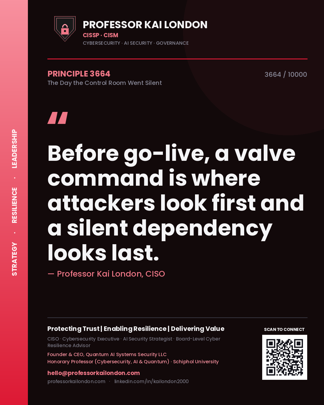 Professor Kai London principle 3664: Before go-live, a valve command is where attackers look first and a silent dependency looks last.