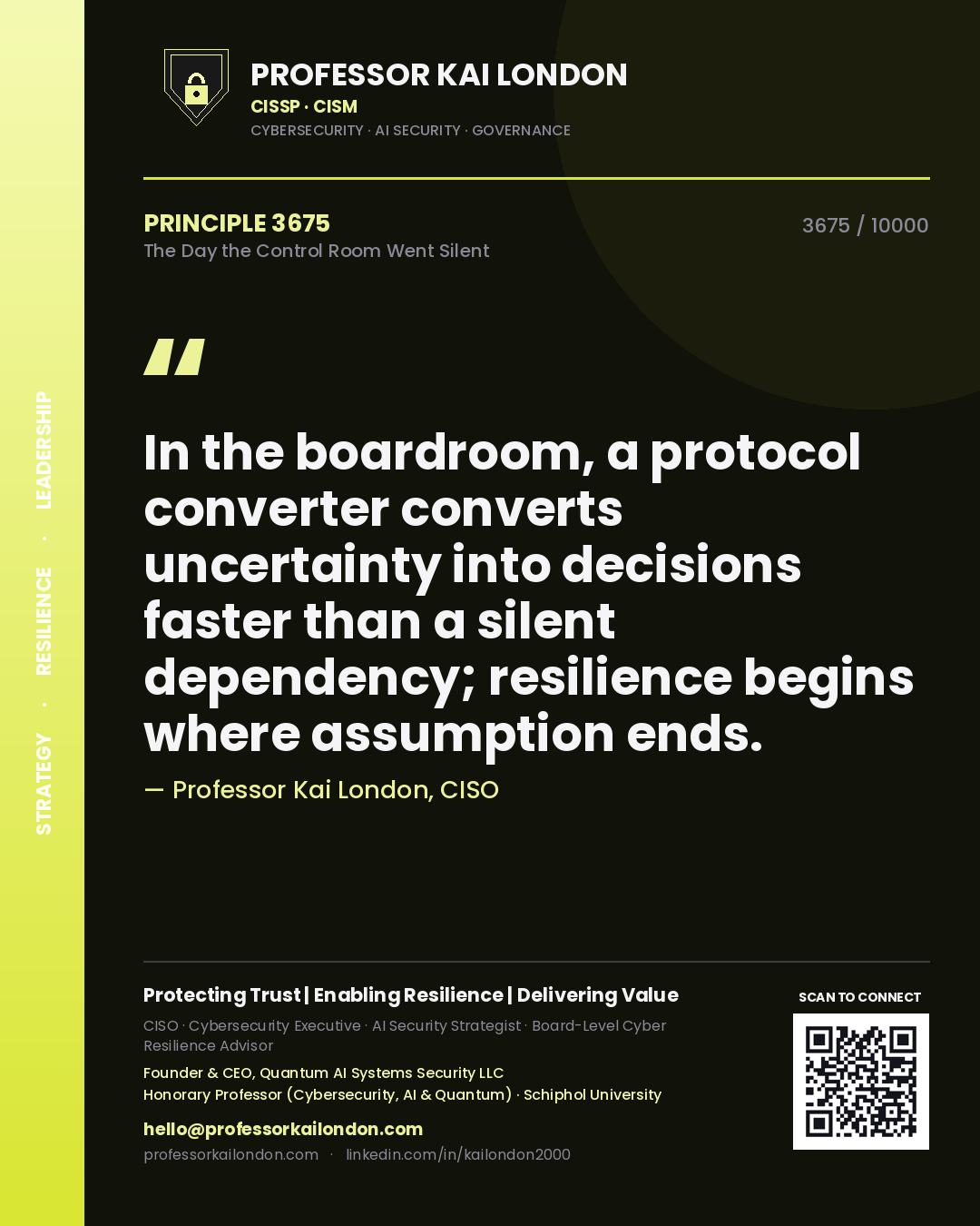 Professor Kai London principle 3675: In the boardroom, a protocol converter converts uncertainty into decisions faster than a silent dependency; resilience begins where assumption ends.