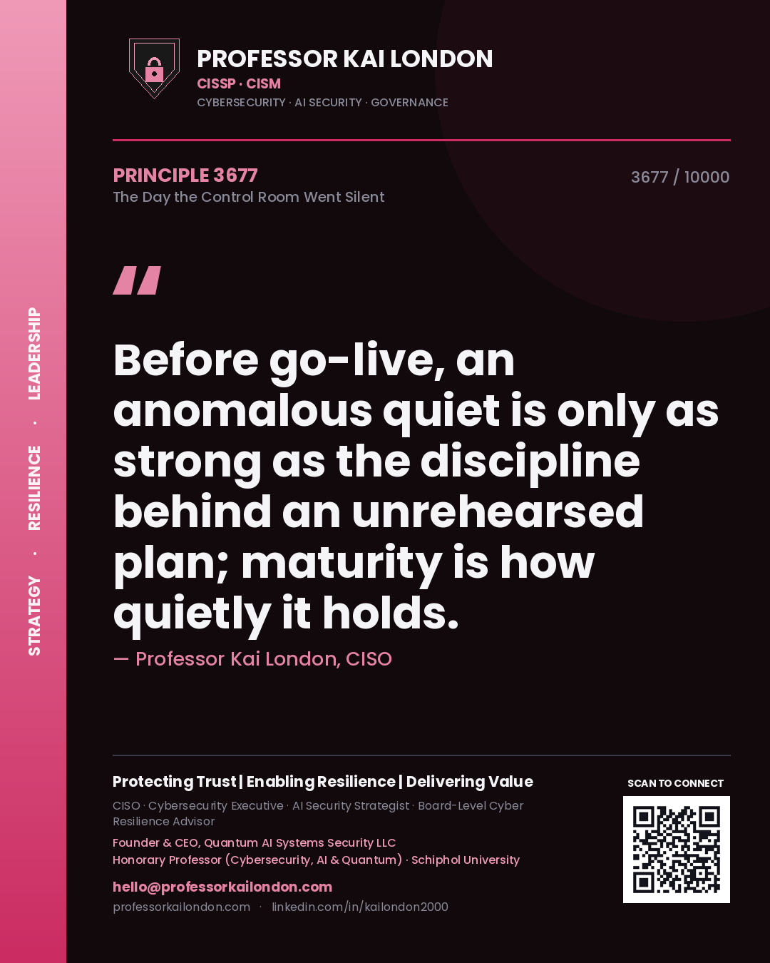 Quote card by Professor Kai London reading 'Before go-live, an anomalous quiet is only as strong as the discipline behind an unrehearsed plan; maturity is how quietly it holds.'. From the book The Day the Control Room Went Silent.