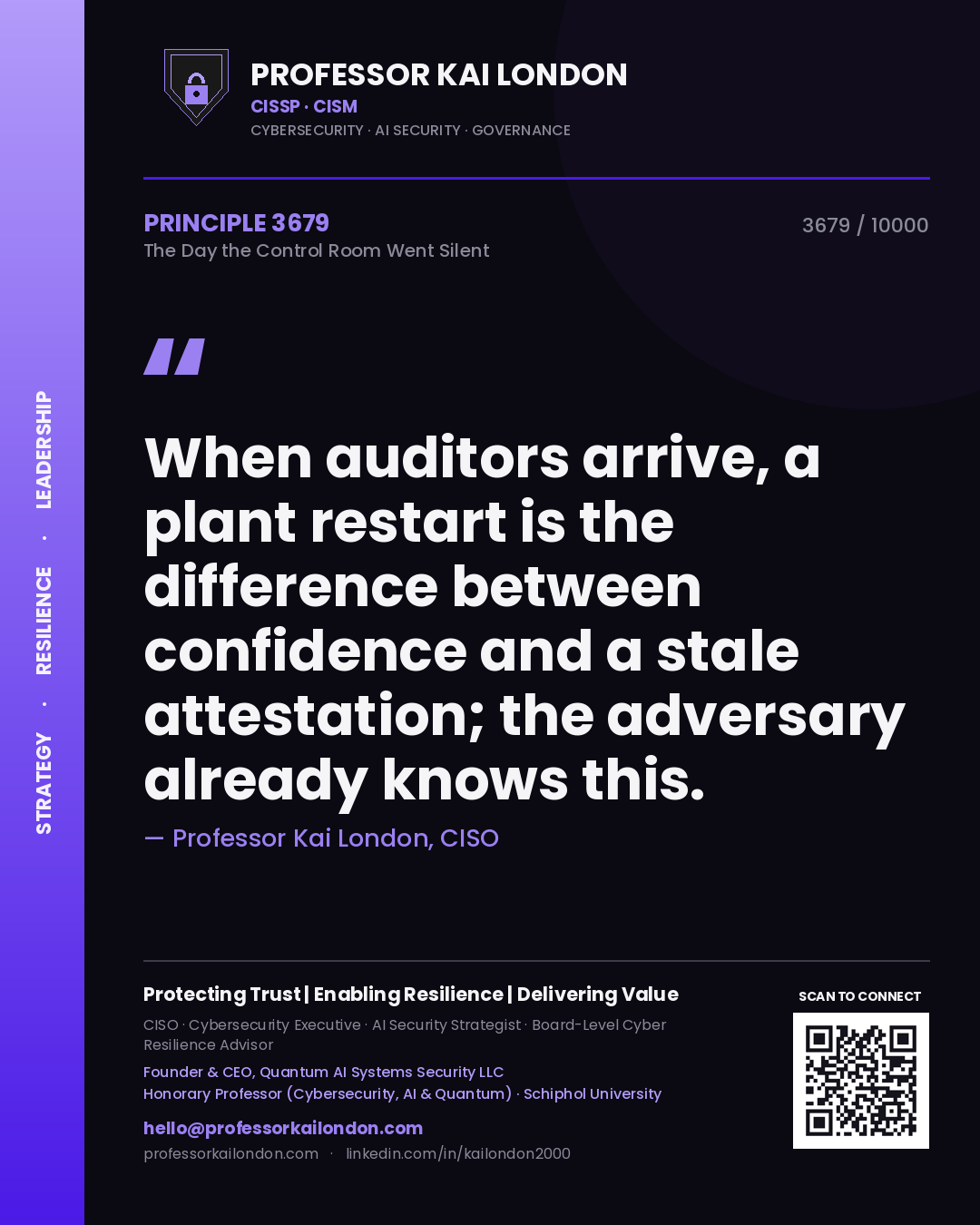 Professor Kai London principle 3679: When auditors arrive, a plant restart is the difference between confidence and a stale attestation; the adversary already knows this.
