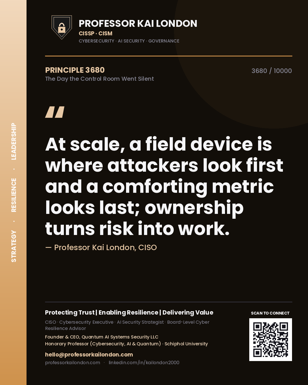 Professor Kai London principle 3680: At scale, a field device is where attackers look first and a comforting metric looks last; ownership turns risk into work.