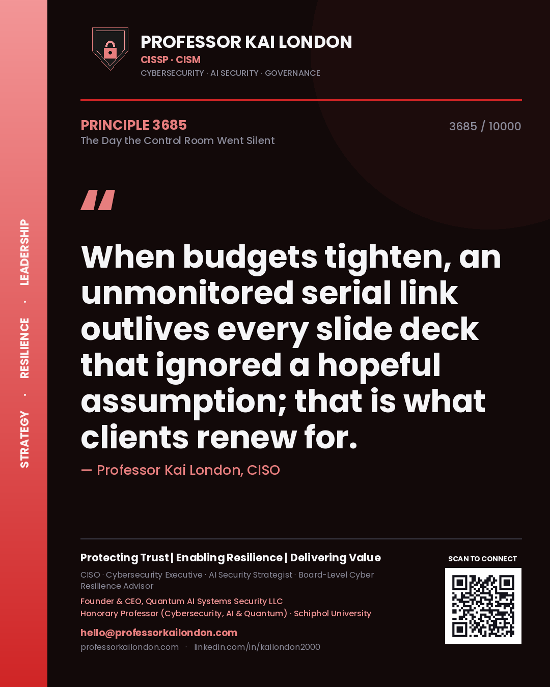 Professor Kai London principle 3685: When budgets tighten, an unmonitored serial link outlives every slide deck that ignored a hopeful assumption; that is what clients renew for.