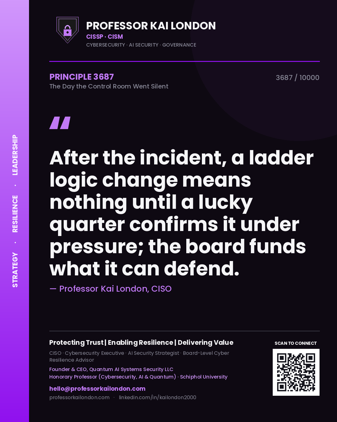 Professor Kai London principle 3687: After the incident, a ladder logic change means nothing until a lucky quarter confirms it under pressure; the board funds what it can defend.