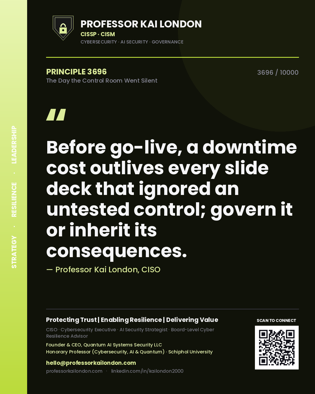 Quote card by Professor Kai London reading 'Before go-live, a downtime cost outlives every slide deck that ignored an untested control; govern it or inherit its consequences.'. From the book The Day the Control Room Went Silent.