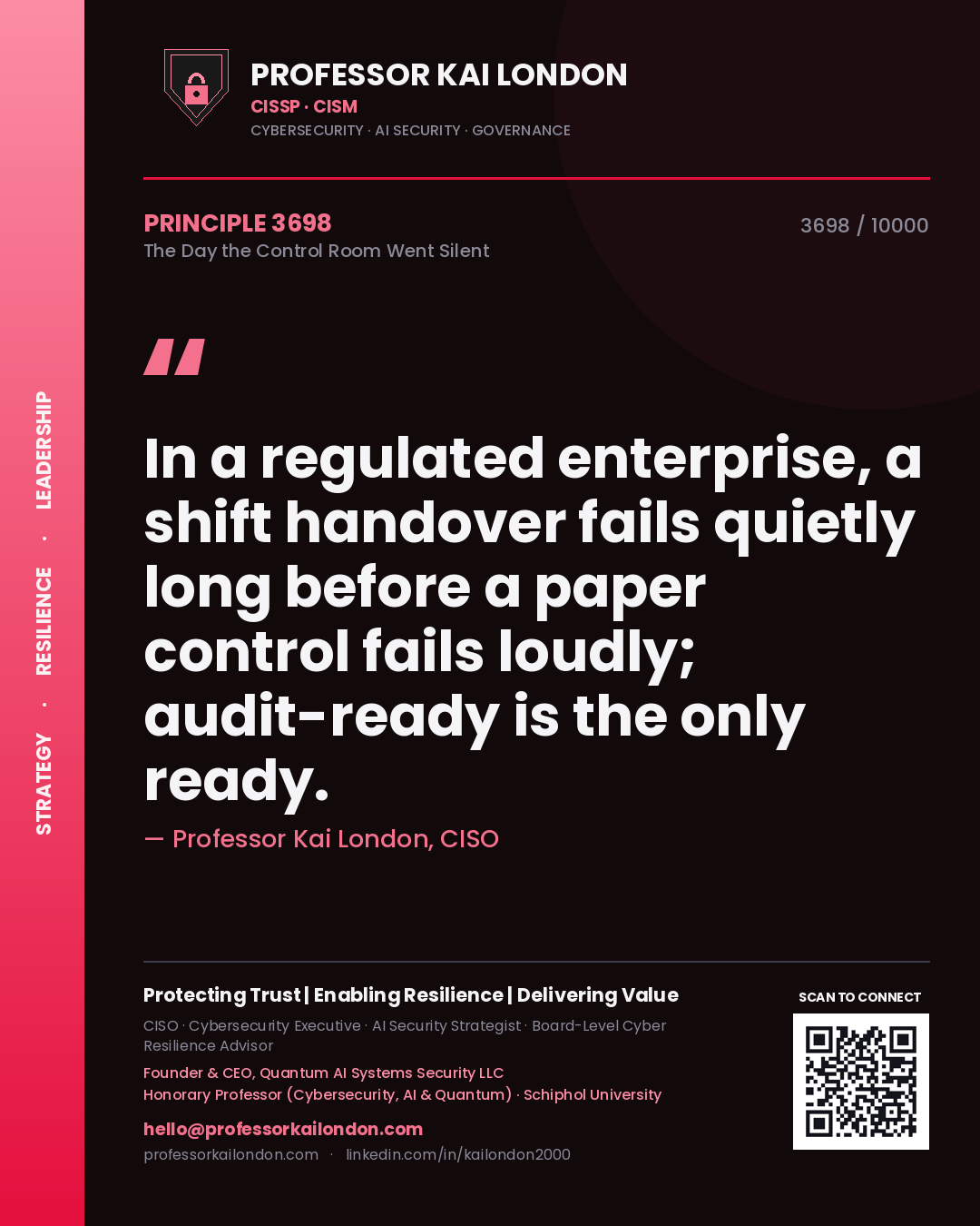 Quote card by Professor Kai London reading 'In a regulated enterprise, a shift handover fails quietly long before a paper control fails loudly; audit-ready is the only ready.'. From the book The Day the Control Room Went Silent.