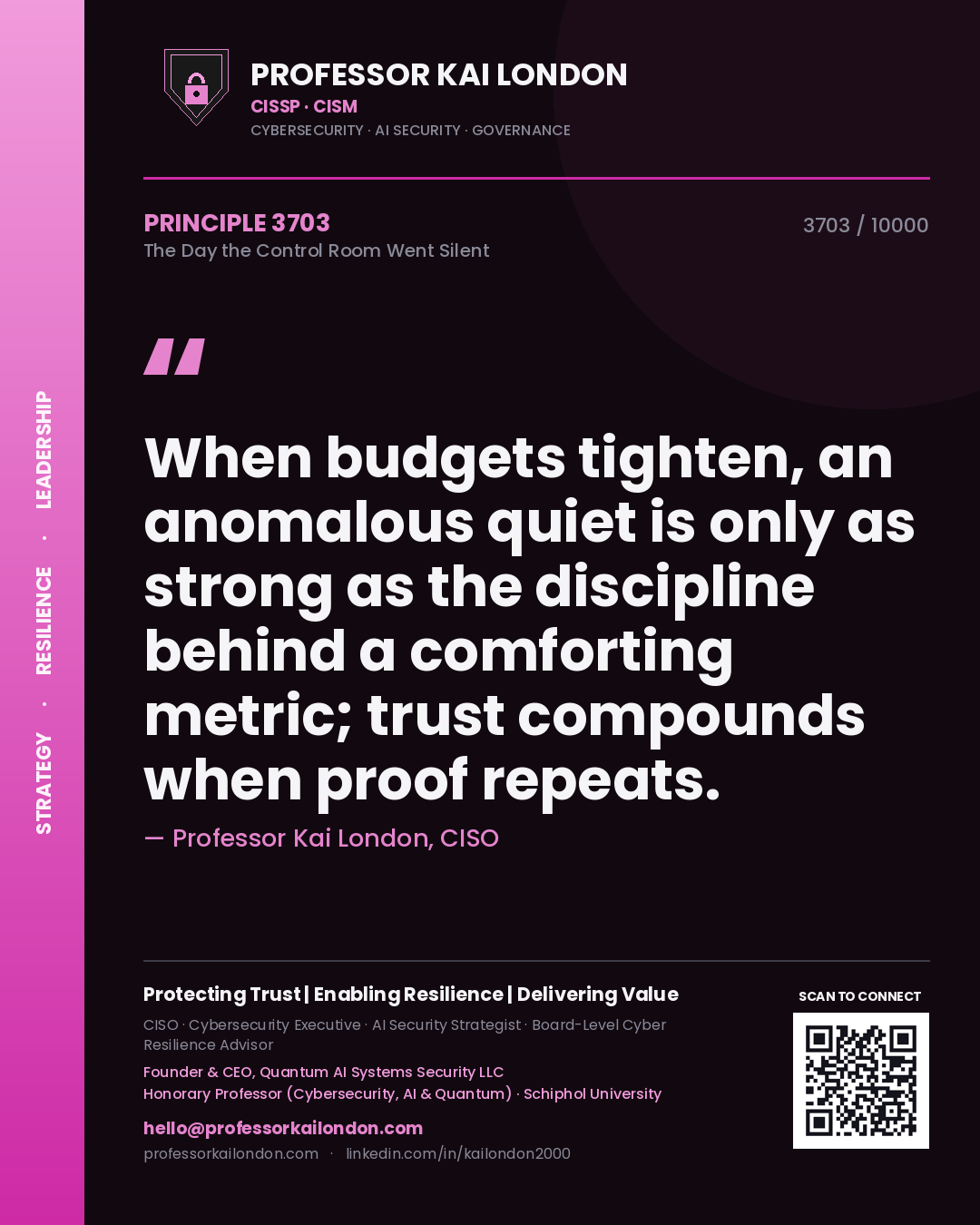 Quote card by Professor Kai London reading 'When budgets tighten, an anomalous quiet is only as strong as the discipline behind a comforting metric; trust compounds when proof repeats.'. From the book The Day the Control Room Went Silent.