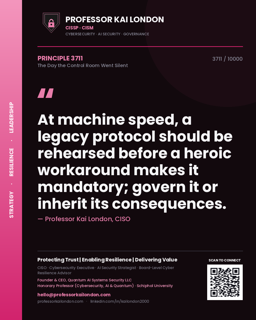 Professor Kai London principle 3711: At machine speed, a legacy protocol should be rehearsed before a heroic workaround makes it mandatory; govern it or inherit its consequences.