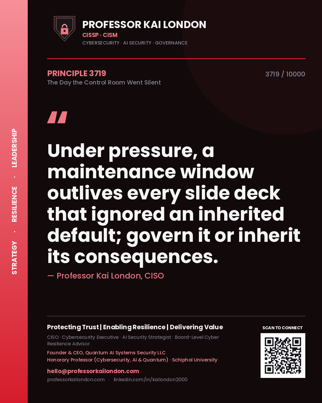 Quote card by Professor Kai London reading 'Under pressure, a maintenance window outlives every slide deck that ignored an inherited default; govern it or inherit its consequences.'. From the book The Day the Control Room Went Silent.