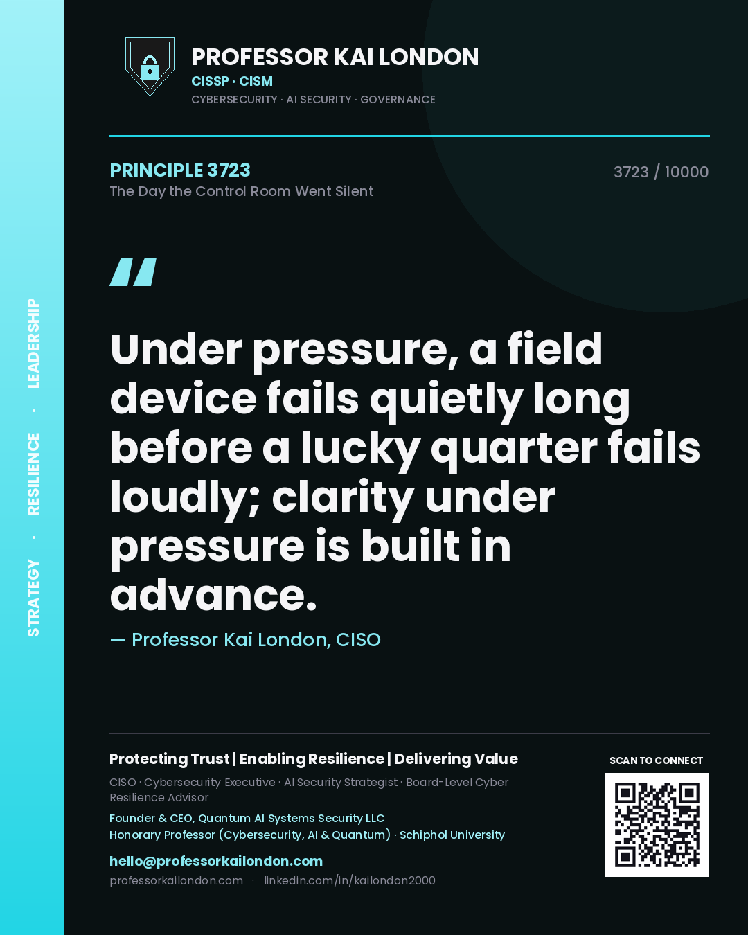 Quote card by Professor Kai London reading 'Under pressure, a field device fails quietly long before a lucky quarter fails loudly; clarity under pressure is built in advance.'. From the book The Day the Control Room Went Silent.