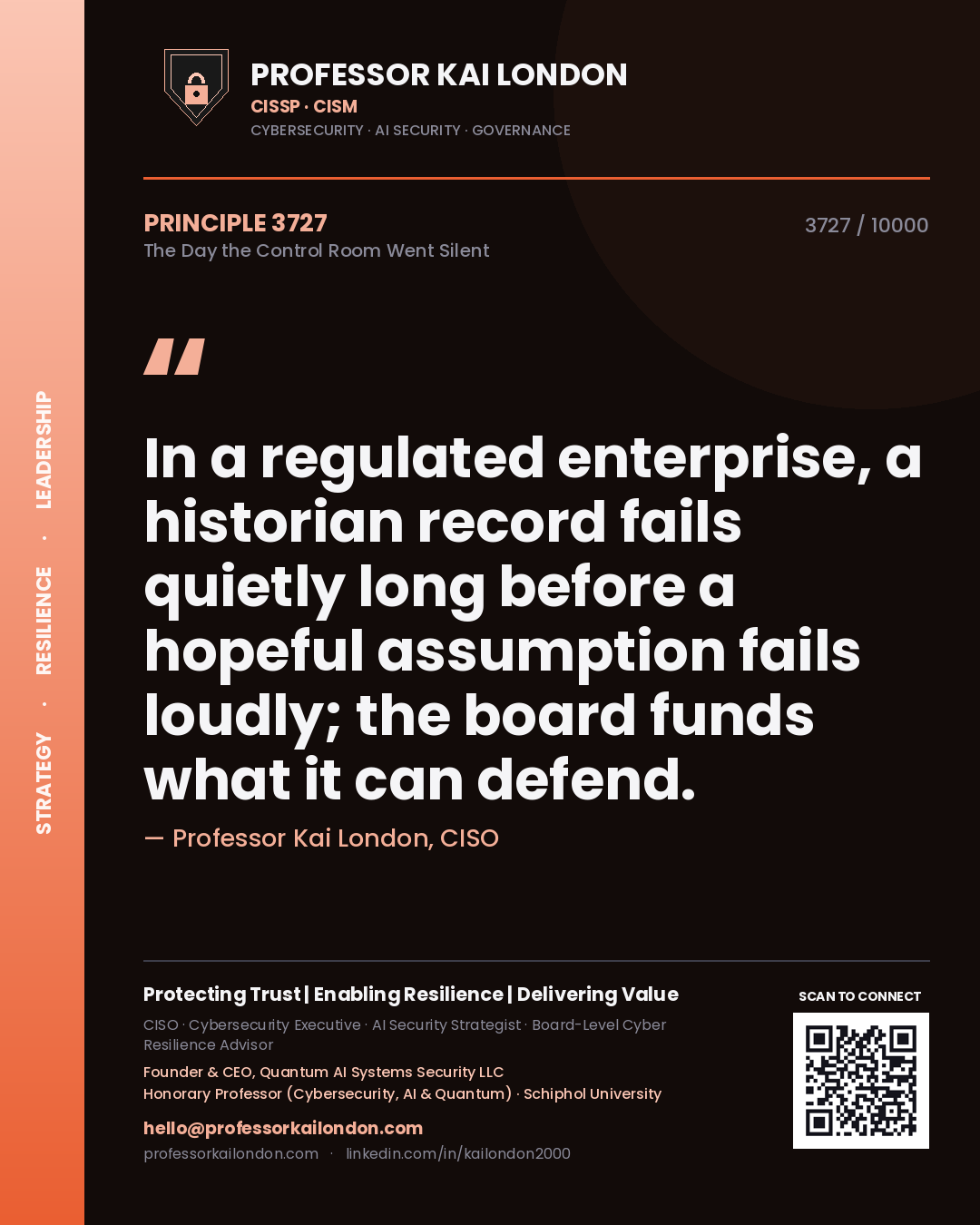 Professor Kai London principle 3727: In a regulated enterprise, a historian record fails quietly long before a hopeful assumption fails loudly; the board funds what it can defend.