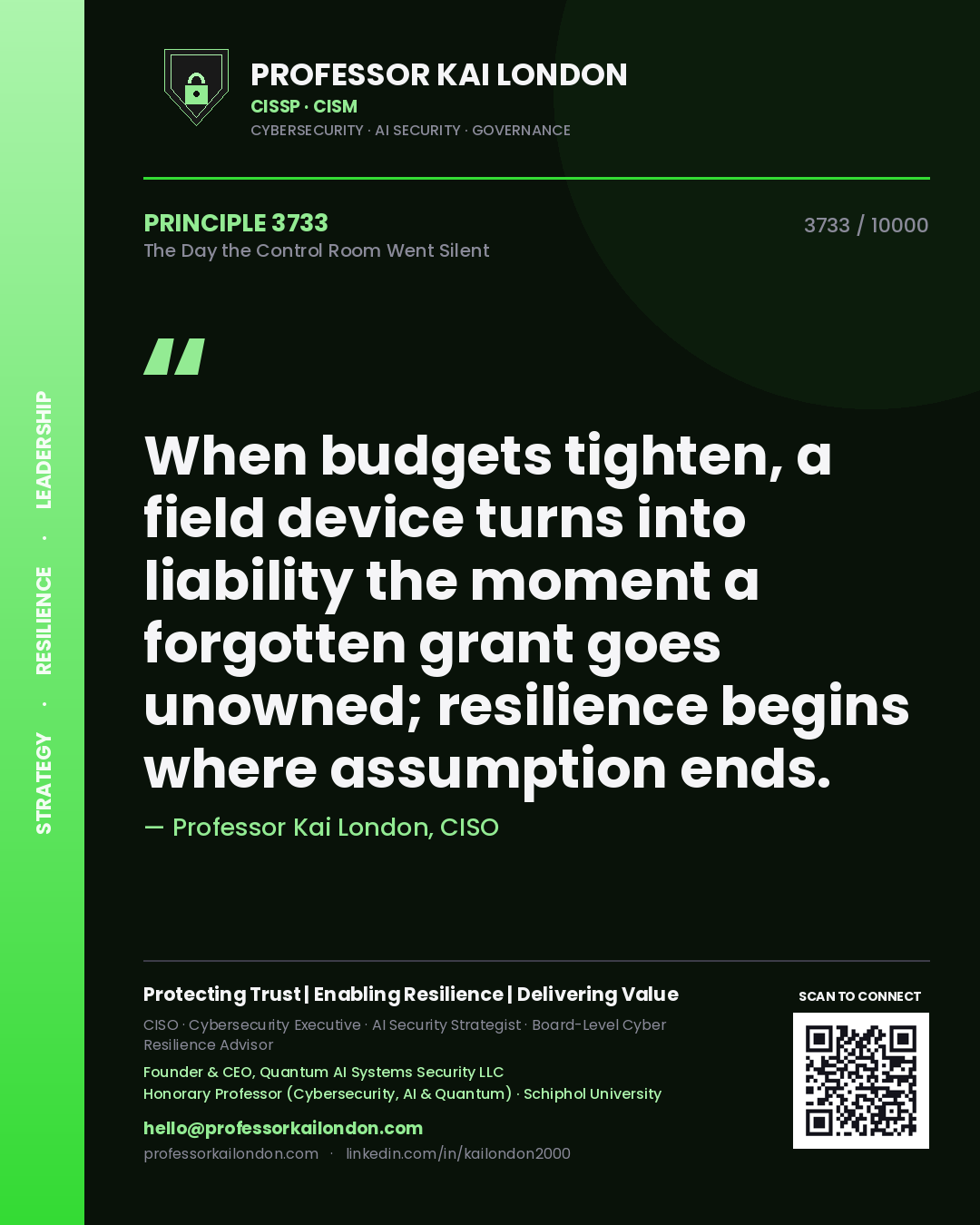 Quote card by Professor Kai London reading 'When budgets tighten, a field device turns into liability the moment a forgotten grant goes unowned; resilience begins where assumption ends.'. From the book The Day the Control Room Went Silent.