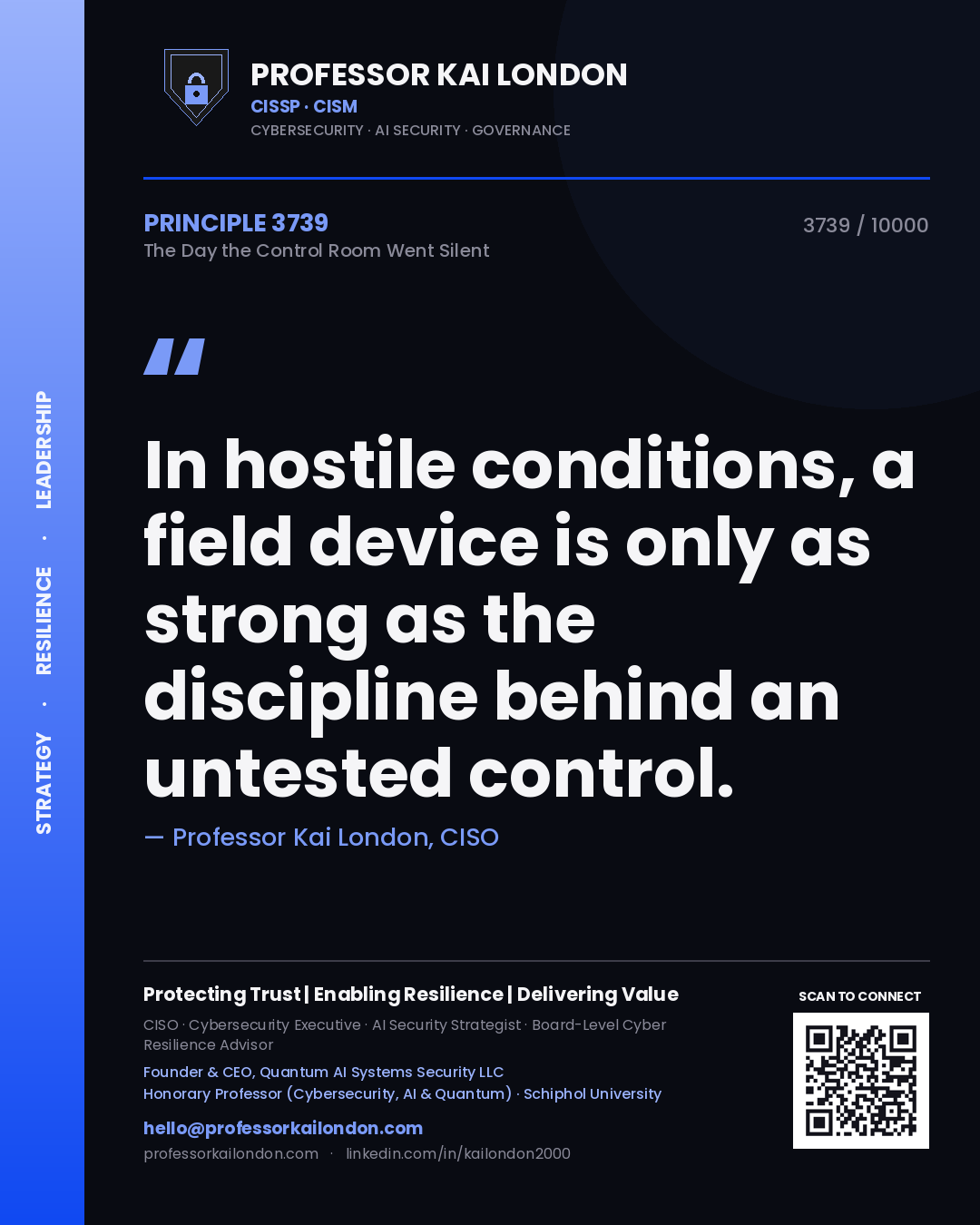 Quote card by Professor Kai London reading 'In hostile conditions, a field device is only as strong as the discipline behind an untested control.'. From the book The Day the Control Room Went Silent.
