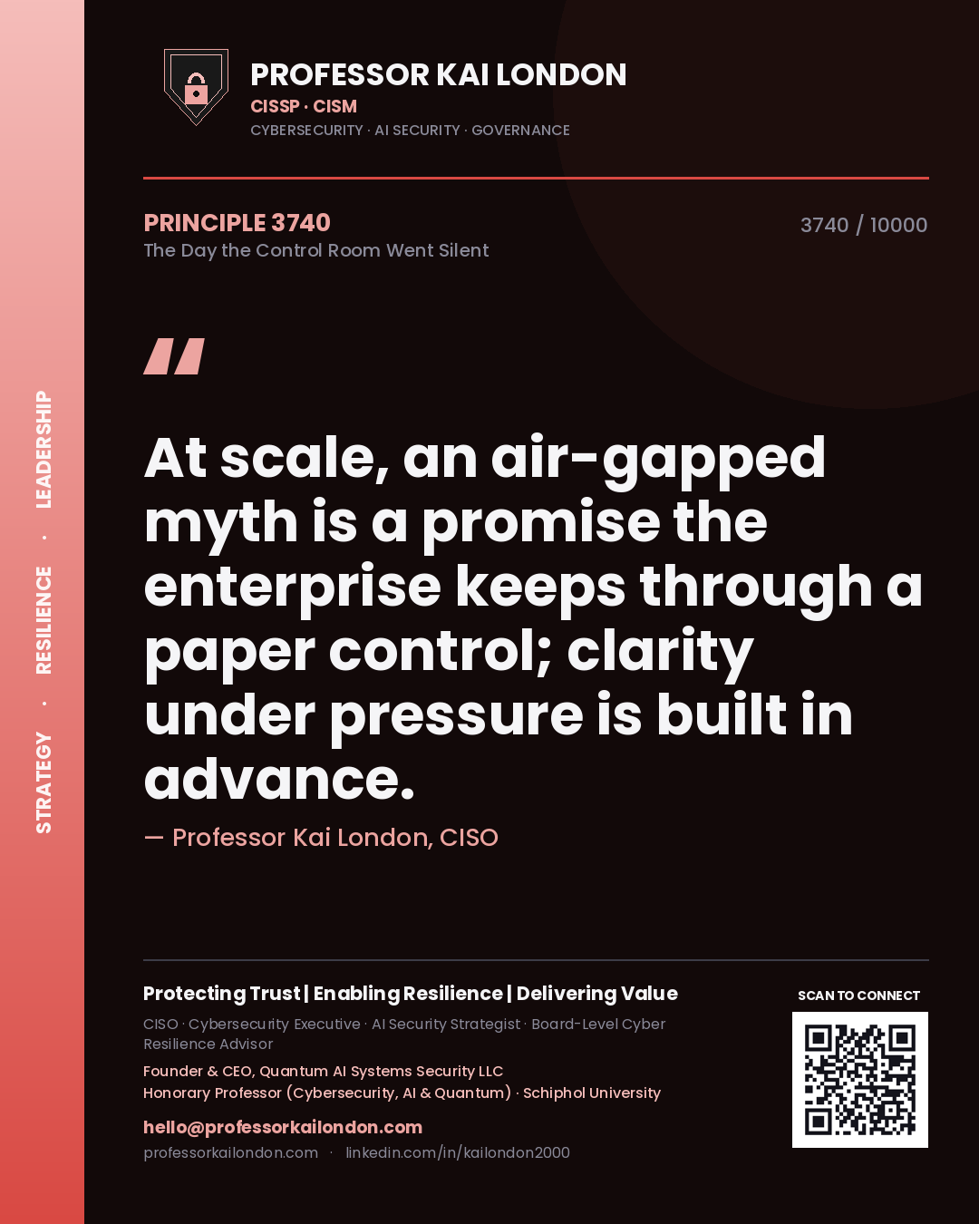 Professor Kai London principle 3740: At scale, an air-gapped myth is a promise the enterprise keeps through a paper control; clarity under pressure is built in advance.