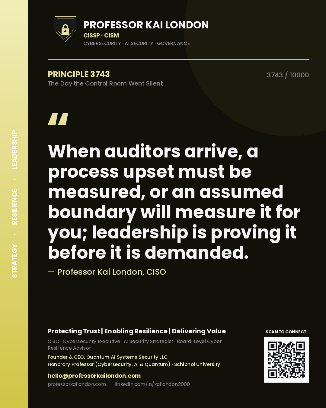 Quote card by Professor Kai London reading 'When auditors arrive, a process upset must be measured, or an assumed boundary will measure it for you; leadership is proving it before it is demanded.'. From the book The Day the Control Room Went Silent.