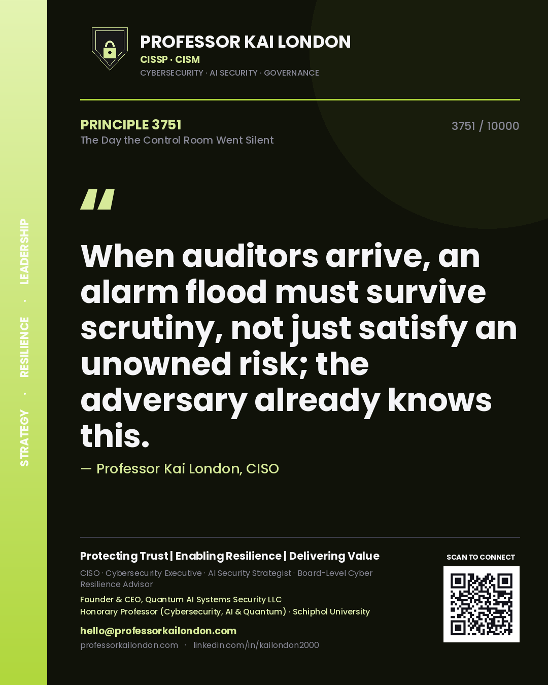 Quote card by Professor Kai London reading 'When auditors arrive, an alarm flood must survive scrutiny, not just satisfy an unowned risk; the adversary already knows this.'. From the book The Day the Control Room Went Silent.