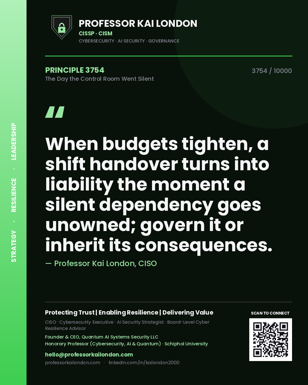 Quote card by Professor Kai London reading 'When budgets tighten, a shift handover turns into liability the moment a silent dependency goes unowned; govern it or inherit its consequences.'. From the book The Day the Control Room Went Silent.