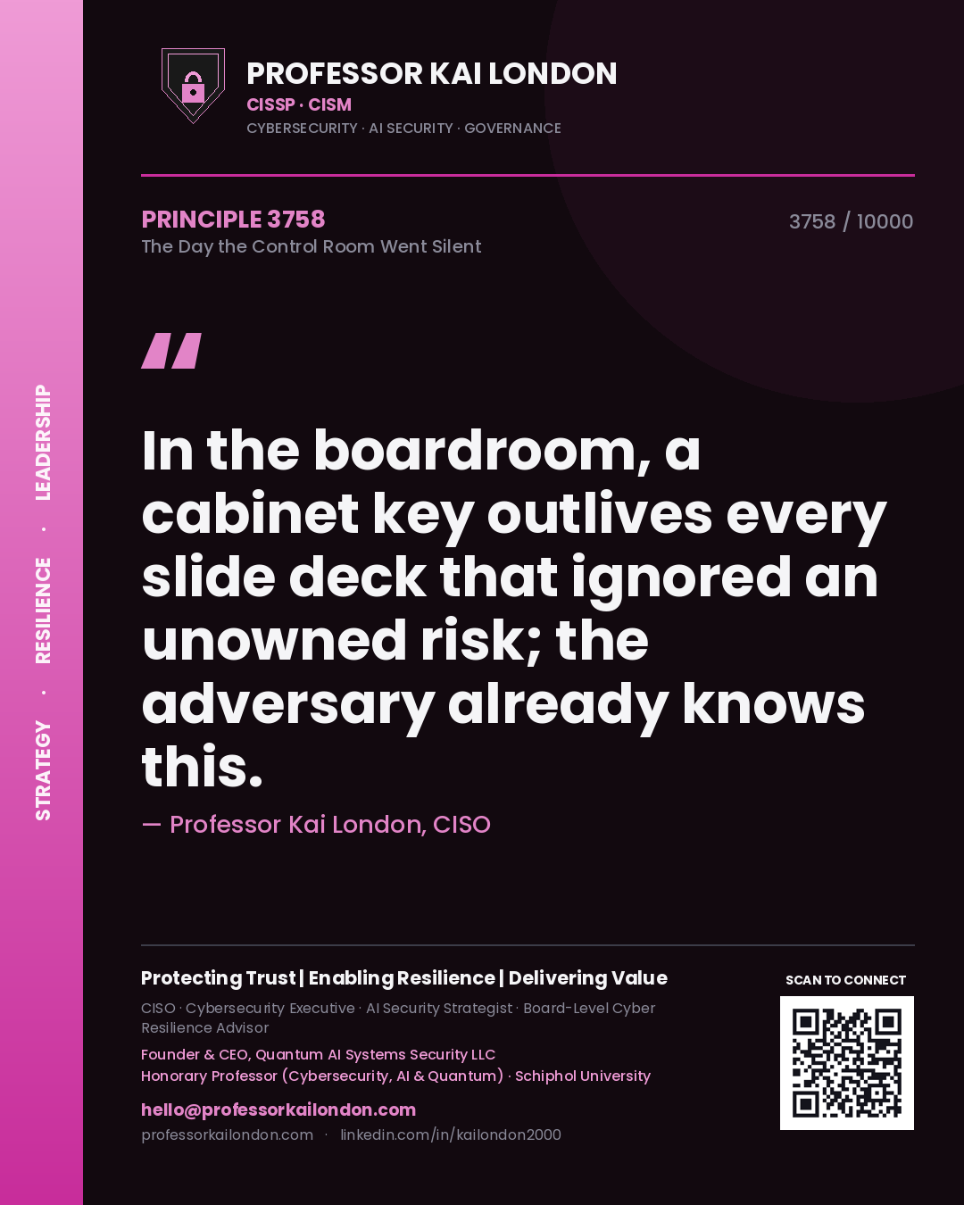 Quote card by Professor Kai London reading 'In the boardroom, a cabinet key outlives every slide deck that ignored an unowned risk; the adversary already knows this.'. From the book The Day the Control Room Went Silent.