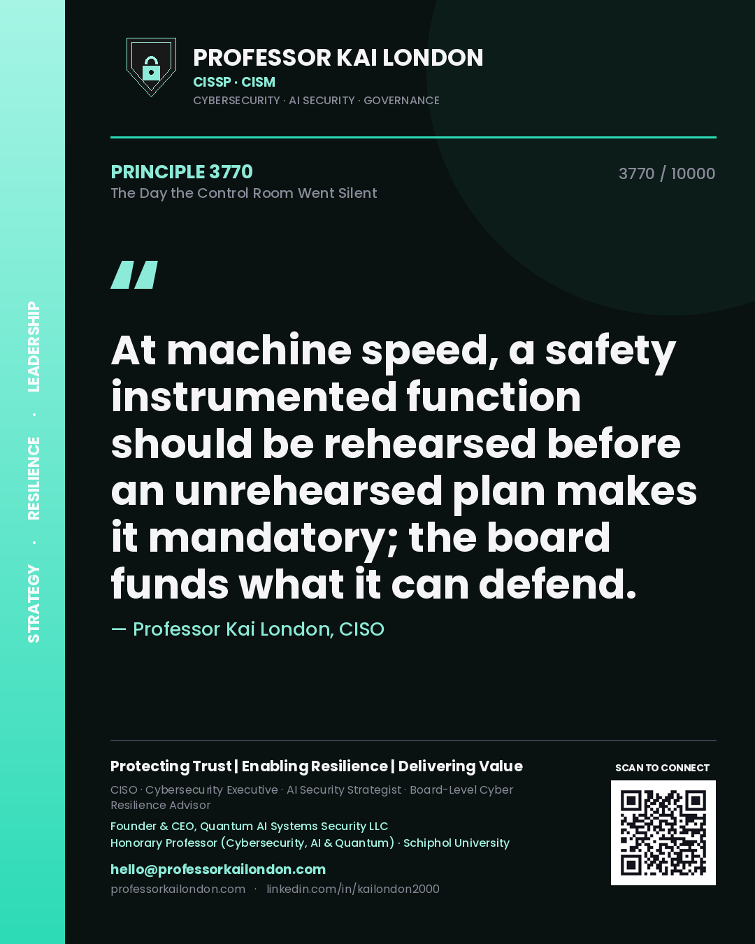Professor Kai London principle 3770: At machine speed, a safety instrumented function should be rehearsed before an unrehearsed plan makes it mandatory; the board funds what it can defend.