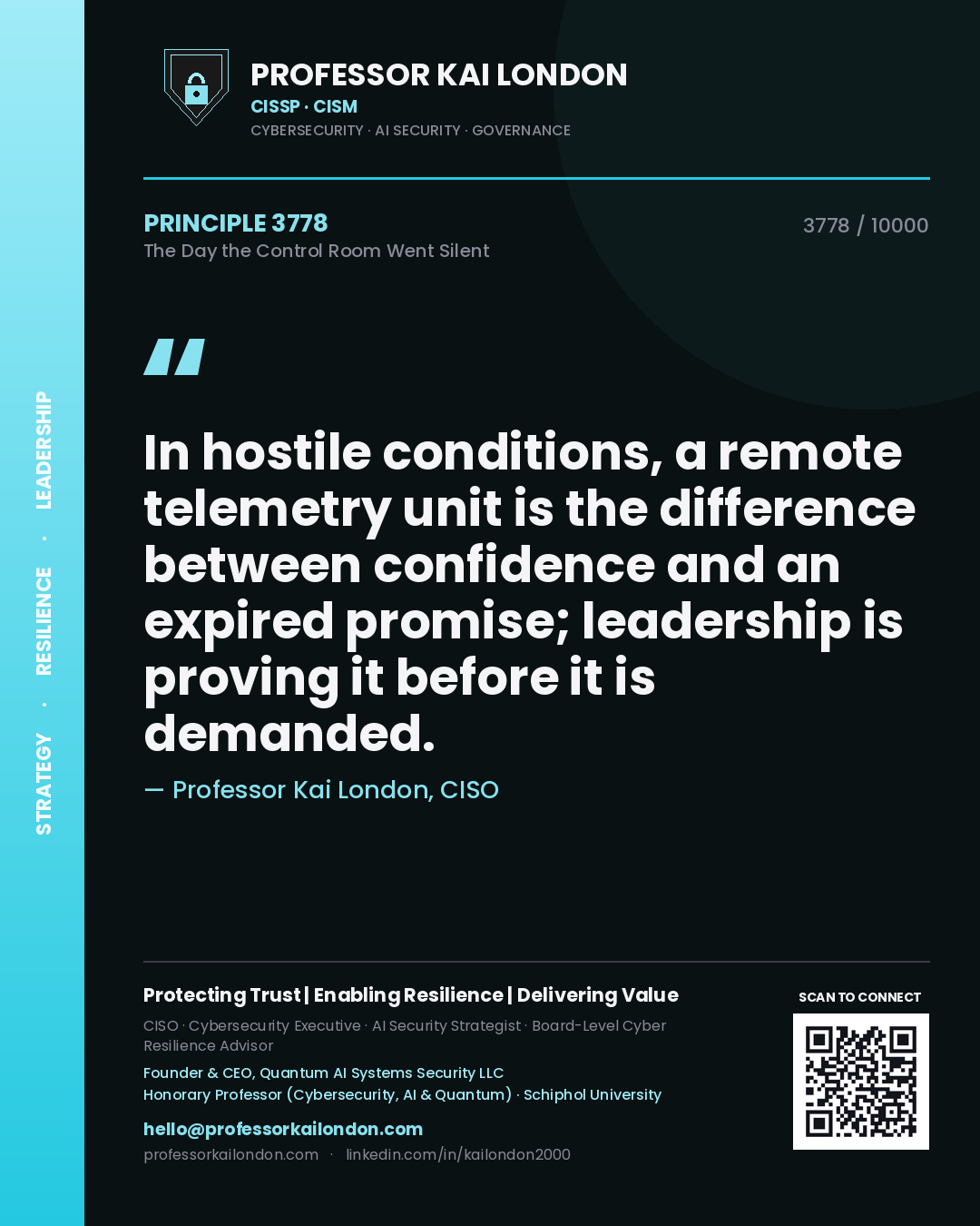 Quote card by Professor Kai London reading 'In hostile conditions, a remote telemetry unit is the difference between confidence and an expired promise; leadership is proving it before it is demanded.'. From the book The Day the Control Room Went Silent.