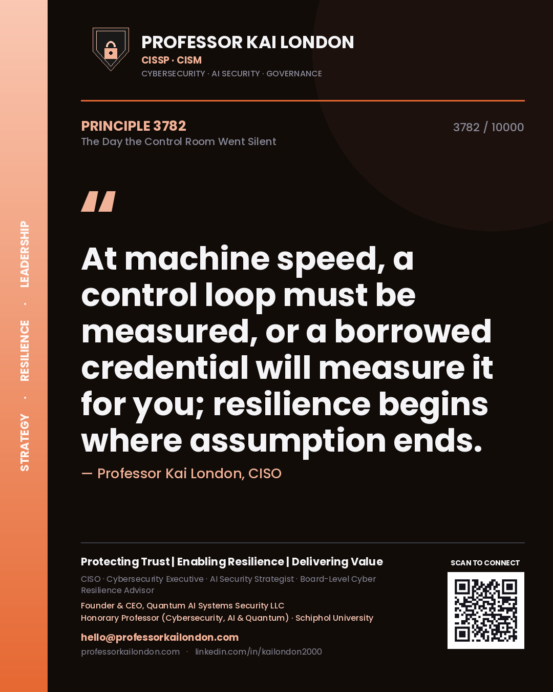 Quote card by Professor Kai London reading 'At machine speed, a control loop must be measured, or a borrowed credential will measure it for you; resilience begins where assumption ends.'. From the book The Day the Control Room Went Silent.