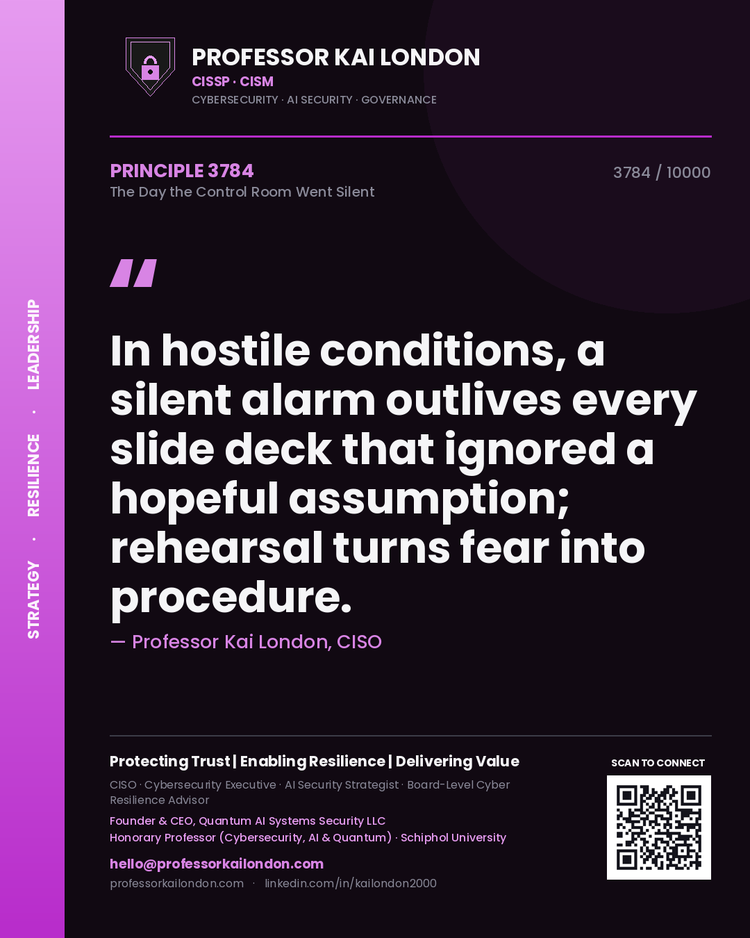 Professor Kai London principle 3784: In hostile conditions, a silent alarm outlives every slide deck that ignored a hopeful assumption; rehearsal turns fear into procedure.