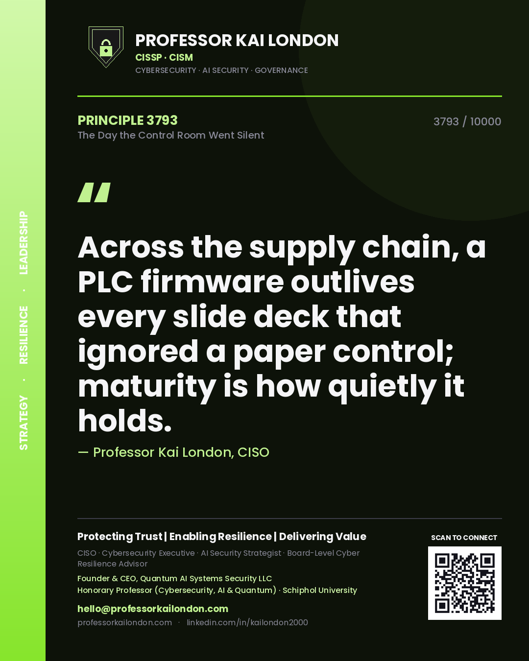 Professor Kai London principle 3793: Across the supply chain, a PLC firmware outlives every slide deck that ignored a paper control; maturity is how quietly it holds.