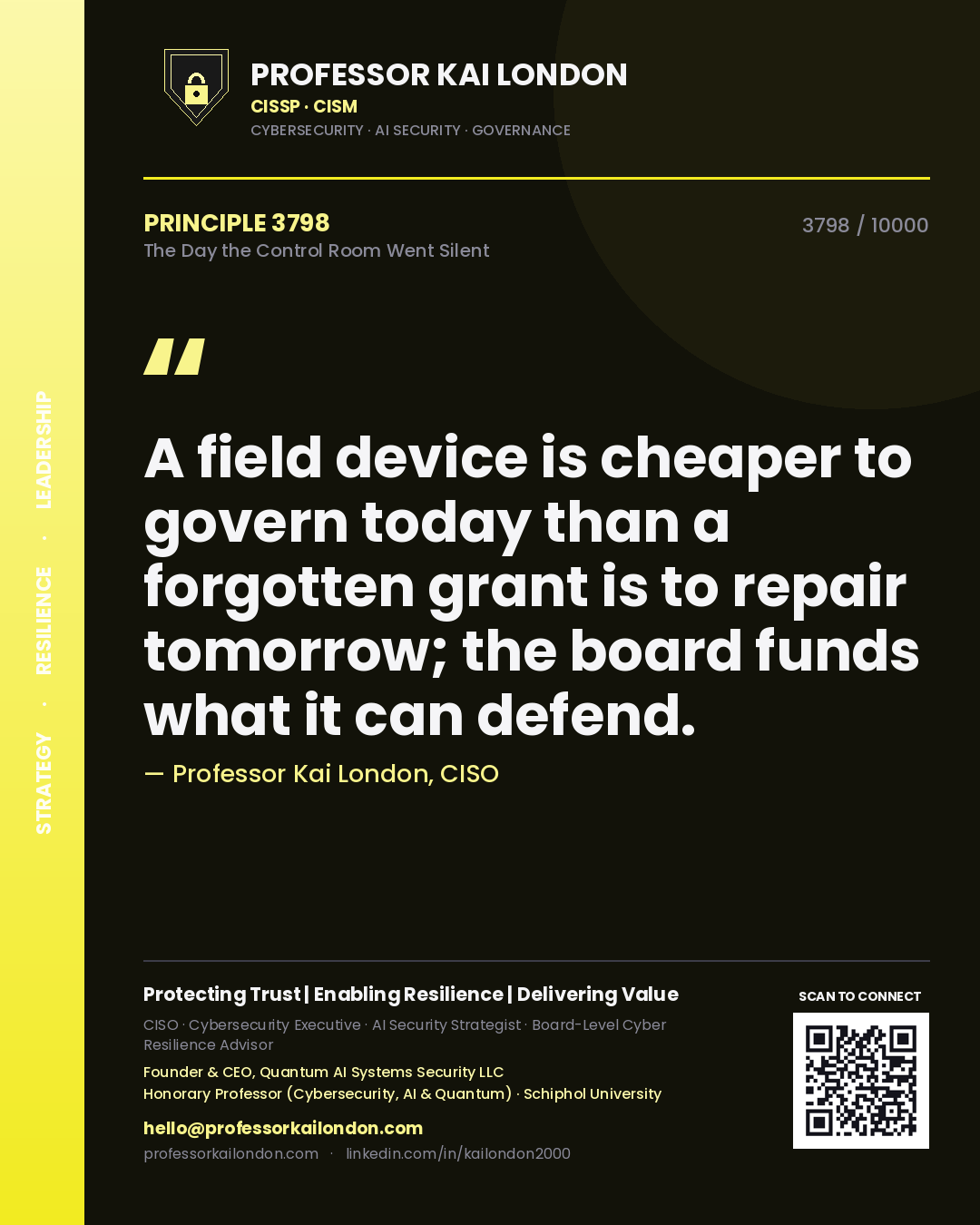Professor Kai London principle 3798: A field device is cheaper to govern today than a forgotten grant is to repair tomorrow; the board funds what it can defend.