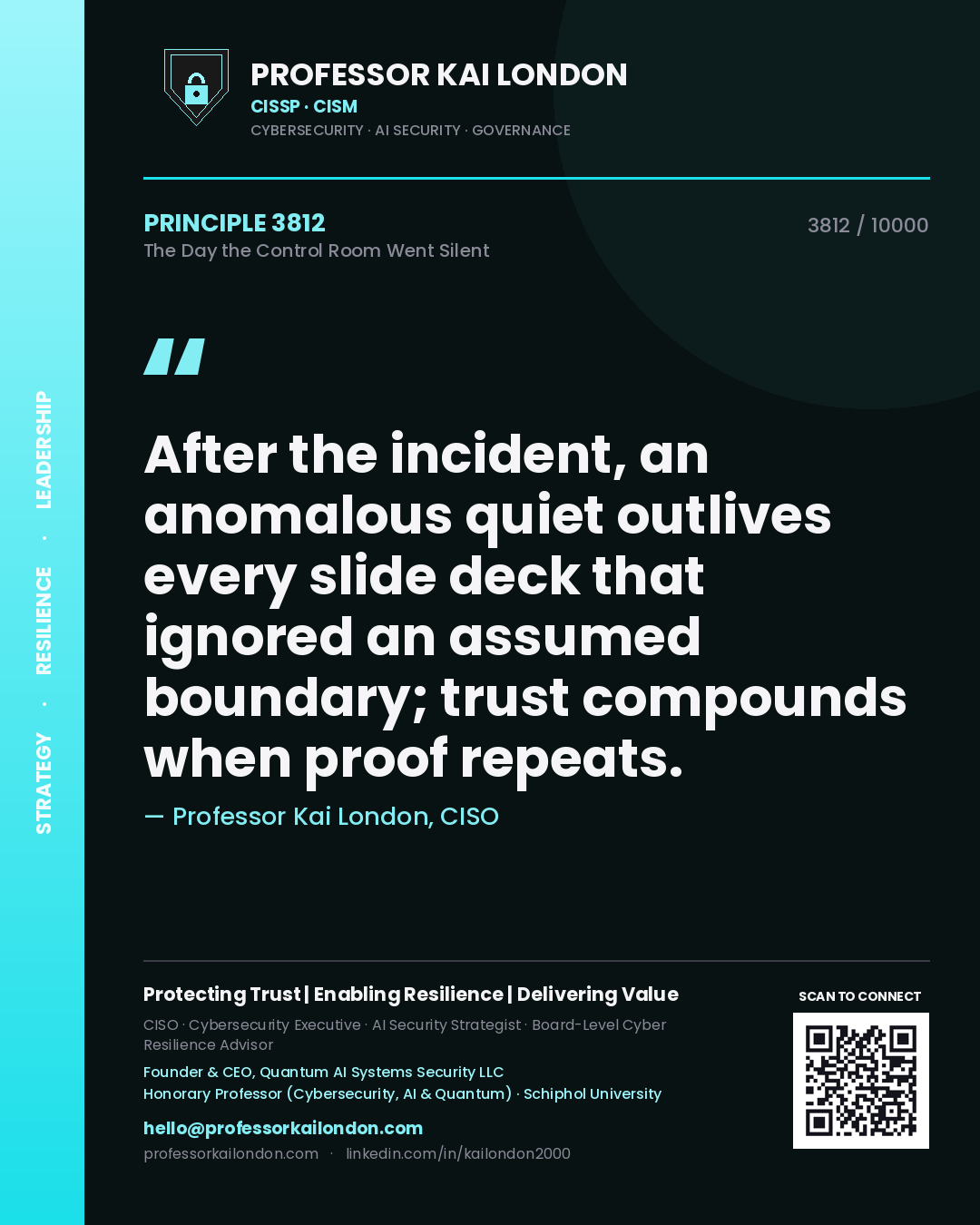 Quote card by Professor Kai London reading 'After the incident, an anomalous quiet outlives every slide deck that ignored an assumed boundary; trust compounds when proof repeats.'. From the book The Day the Control Room Went Silent.