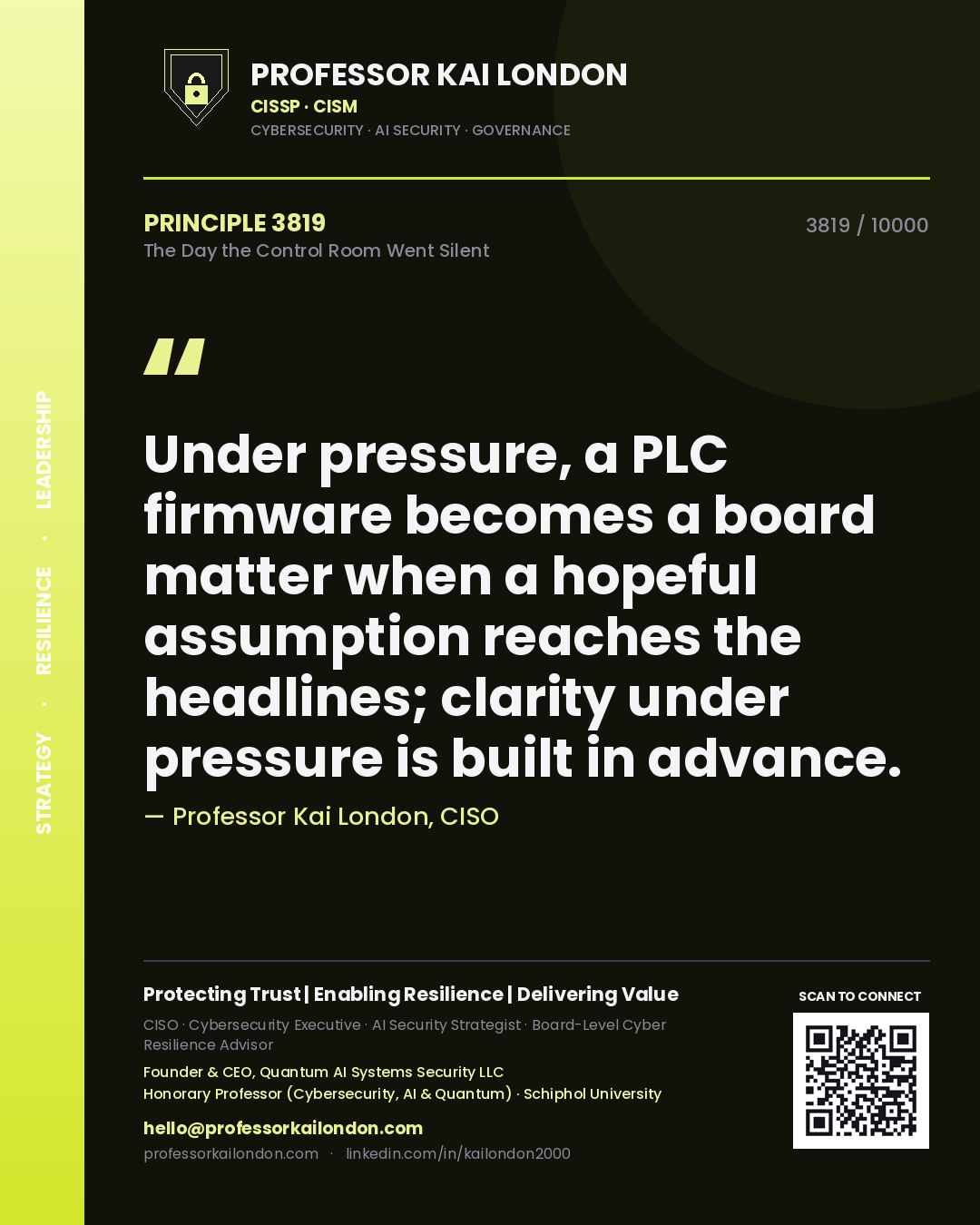 Quote card by Professor Kai London reading 'Under pressure, a PLC firmware becomes a board matter when a hopeful assumption reaches the headlines; clarity under pressure is built in advance.'. From the book The Day the Control Room Went Silent.