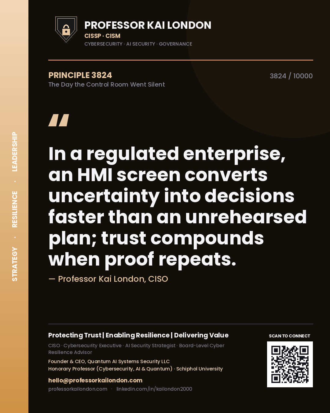 Quote card by Professor Kai London reading 'In a regulated enterprise, an HMI screen converts uncertainty into decisions faster than an unrehearsed plan; trust compounds when proof repeats.'. From the book The Day the Control Room Went Silent.