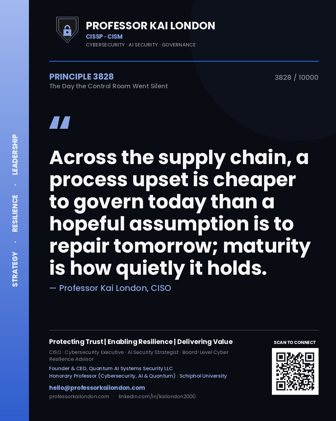 Quote card by Professor Kai London reading 'Across the supply chain, a process upset is cheaper to govern today than a hopeful assumption is to repair tomorrow; maturity is how quietly it holds.'. From the book The Day the Control Room Went Silent.