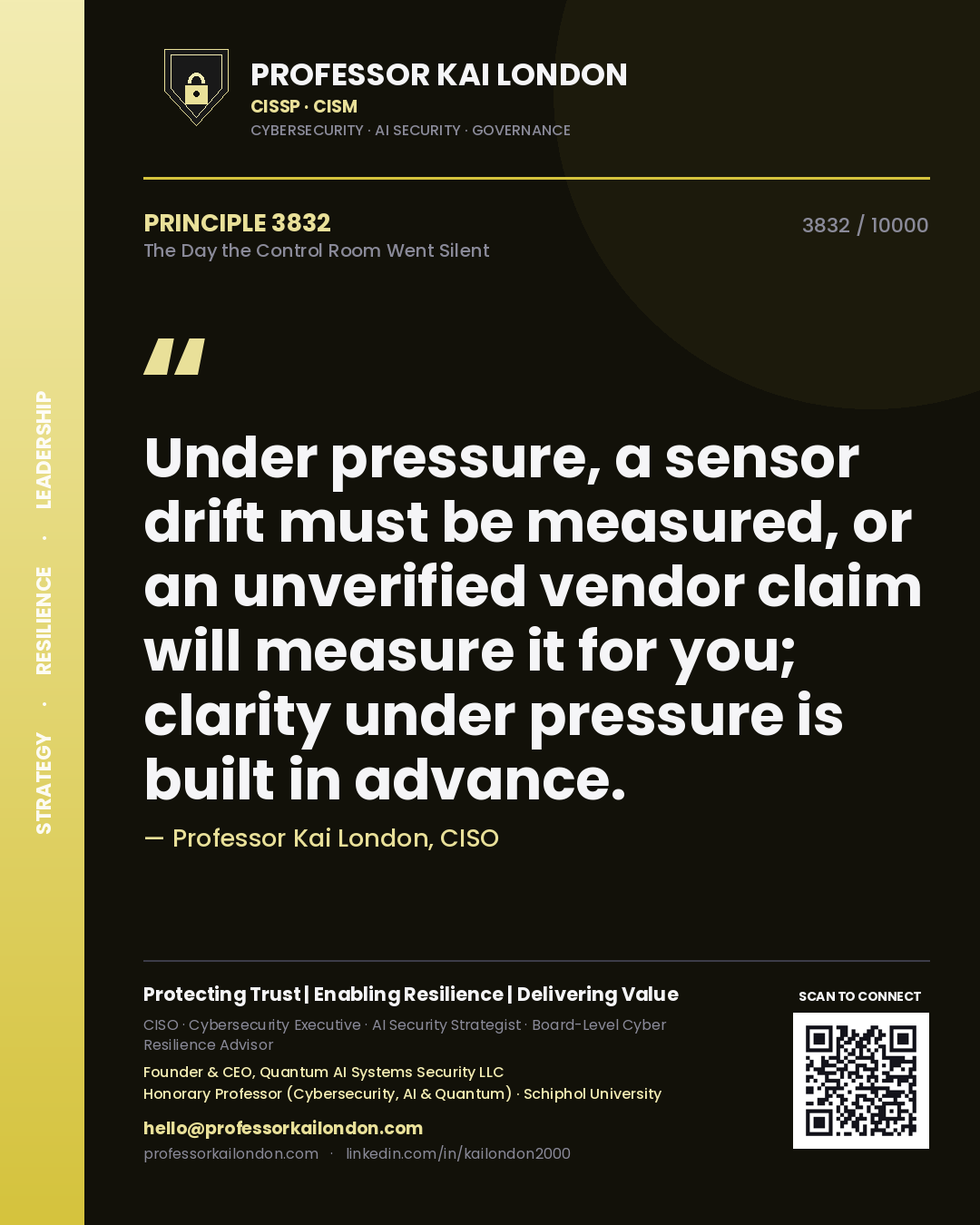 Quote card by Professor Kai London reading 'Under pressure, a sensor drift must be measured, or an unverified vendor claim will measure it for you; clarity under pressure is built in advance.'. From the book The Day the Control Room Went Silent.