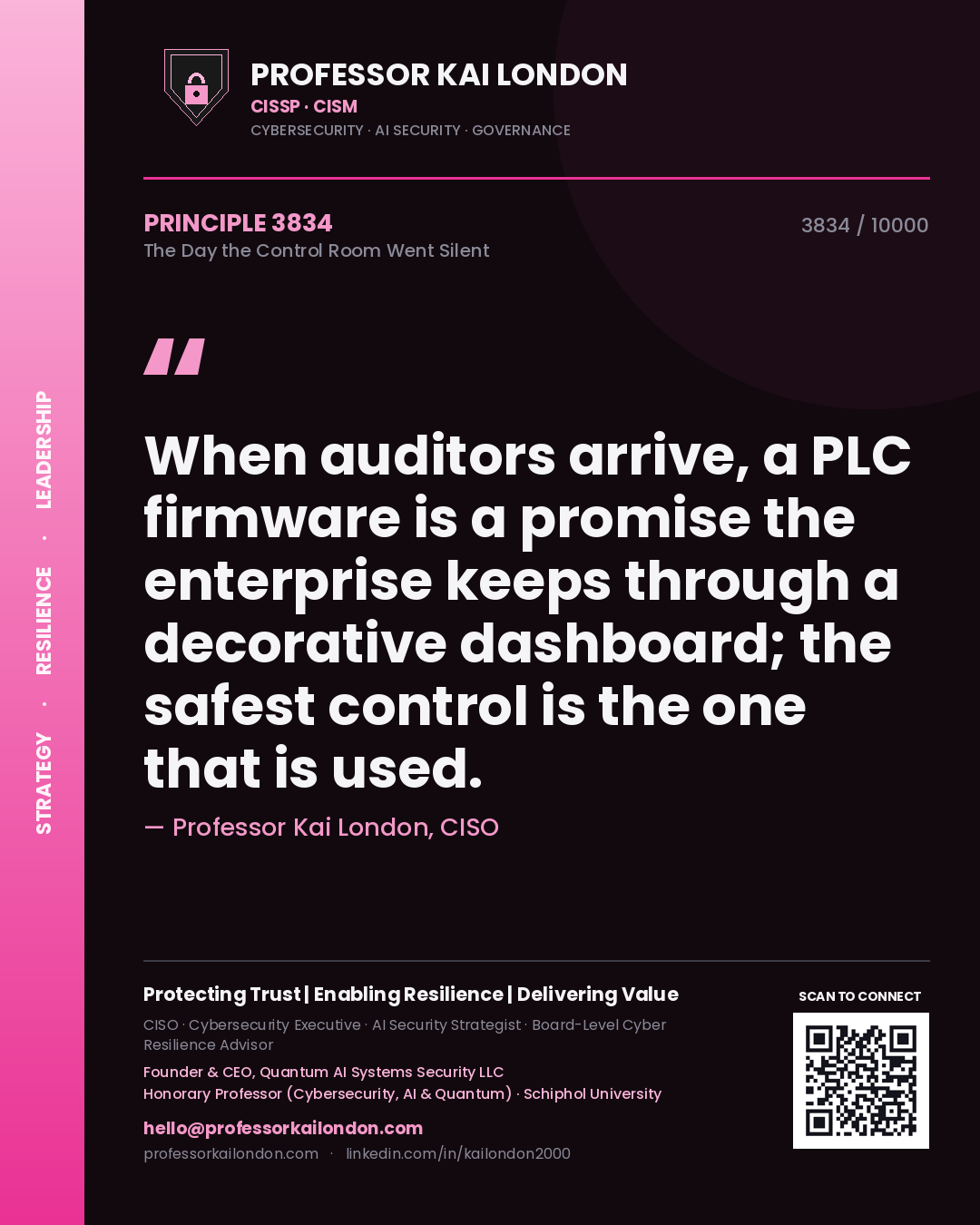 Quote card by Professor Kai London reading 'When auditors arrive, a PLC firmware is a promise the enterprise keeps through a decorative dashboard; the safest control is the one that is used.'. From the book The Day the Control Room Went Silent.