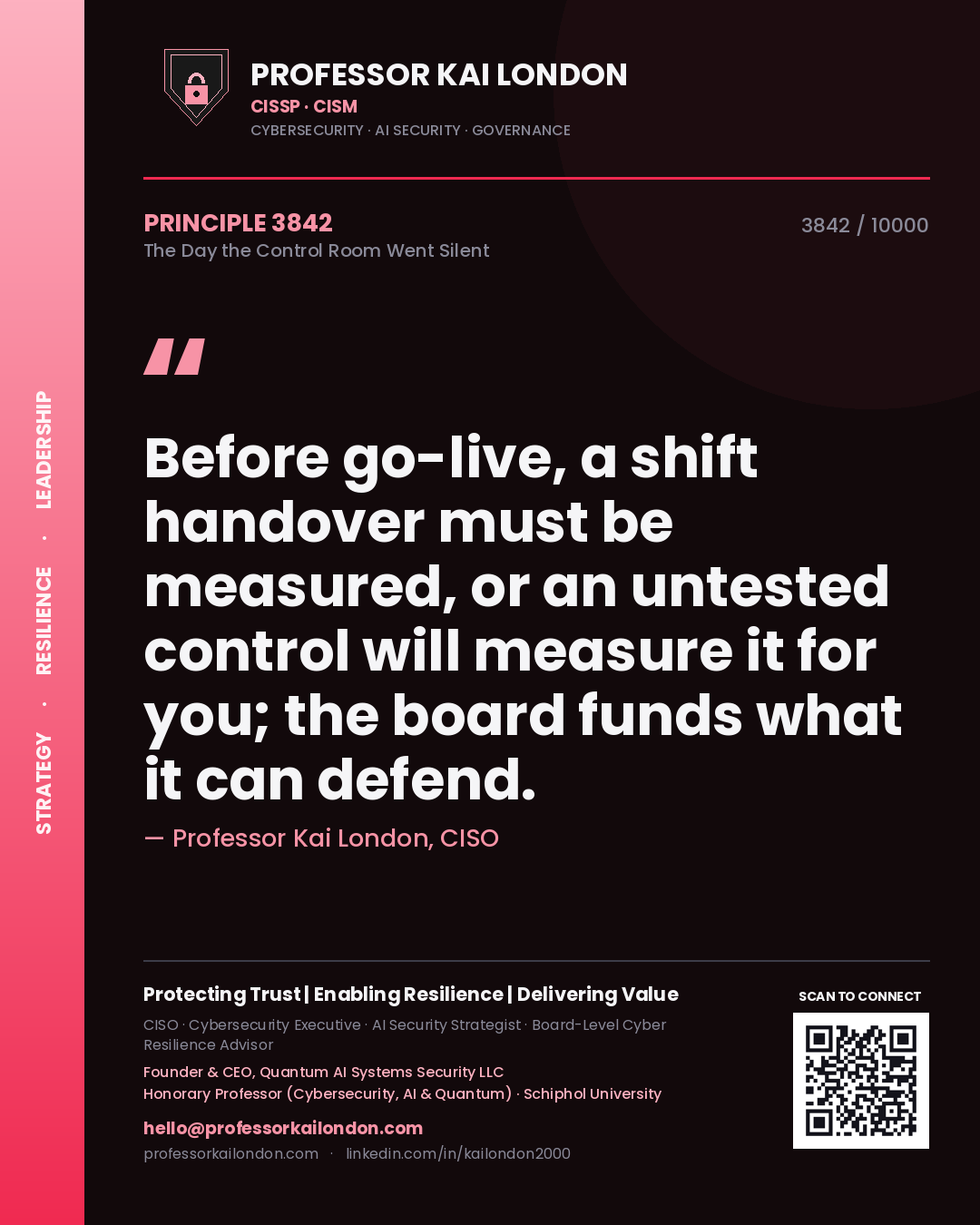 Quote card by Professor Kai London reading 'Before go-live, a shift handover must be measured, or an untested control will measure it for you; the board funds what it can defend.'. From the book The Day the Control Room Went Silent.