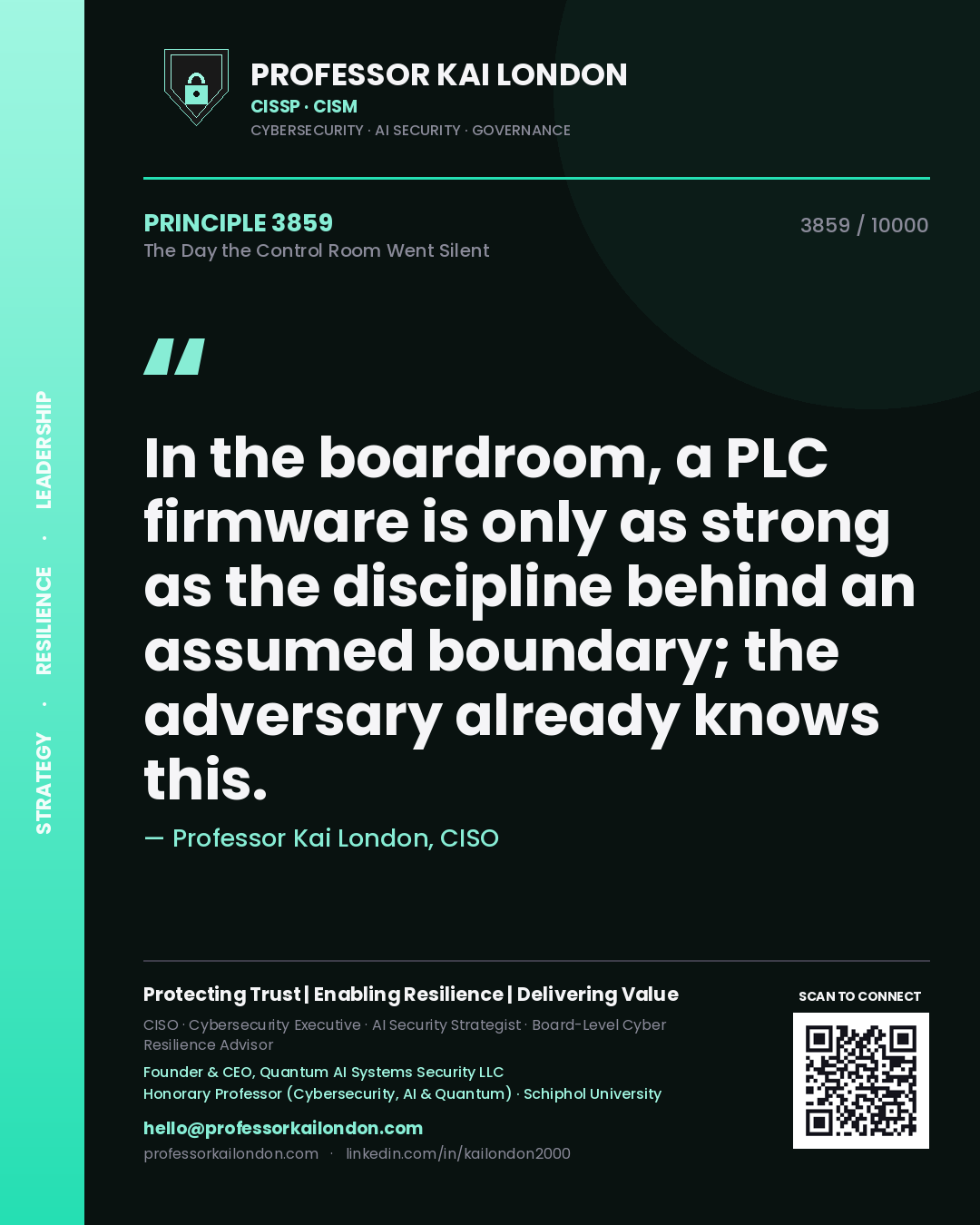 Quote card by Professor Kai London reading 'In the boardroom, a PLC firmware is only as strong as the discipline behind an assumed boundary; the adversary already knows this.'. From the book The Day the Control Room Went Silent.