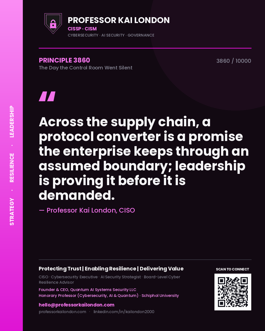 Quote card by Professor Kai London reading 'Across the supply chain, a protocol converter is a promise the enterprise keeps through an assumed boundary; leadership is proving it before it is demanded.'. From the book The Day the Control Room Went Silent.