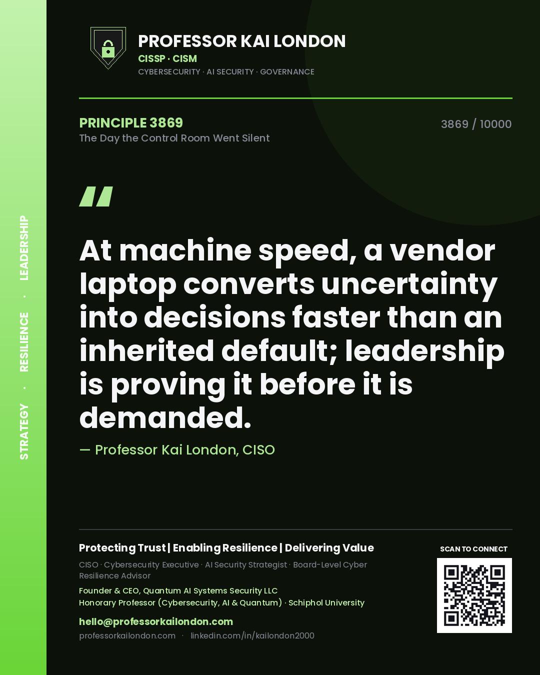 Quote card by Professor Kai London reading 'At machine speed, a vendor laptop converts uncertainty into decisions faster than an inherited default; leadership is proving it before it is demanded.'. From the book The Day the Control Room Went Silent.